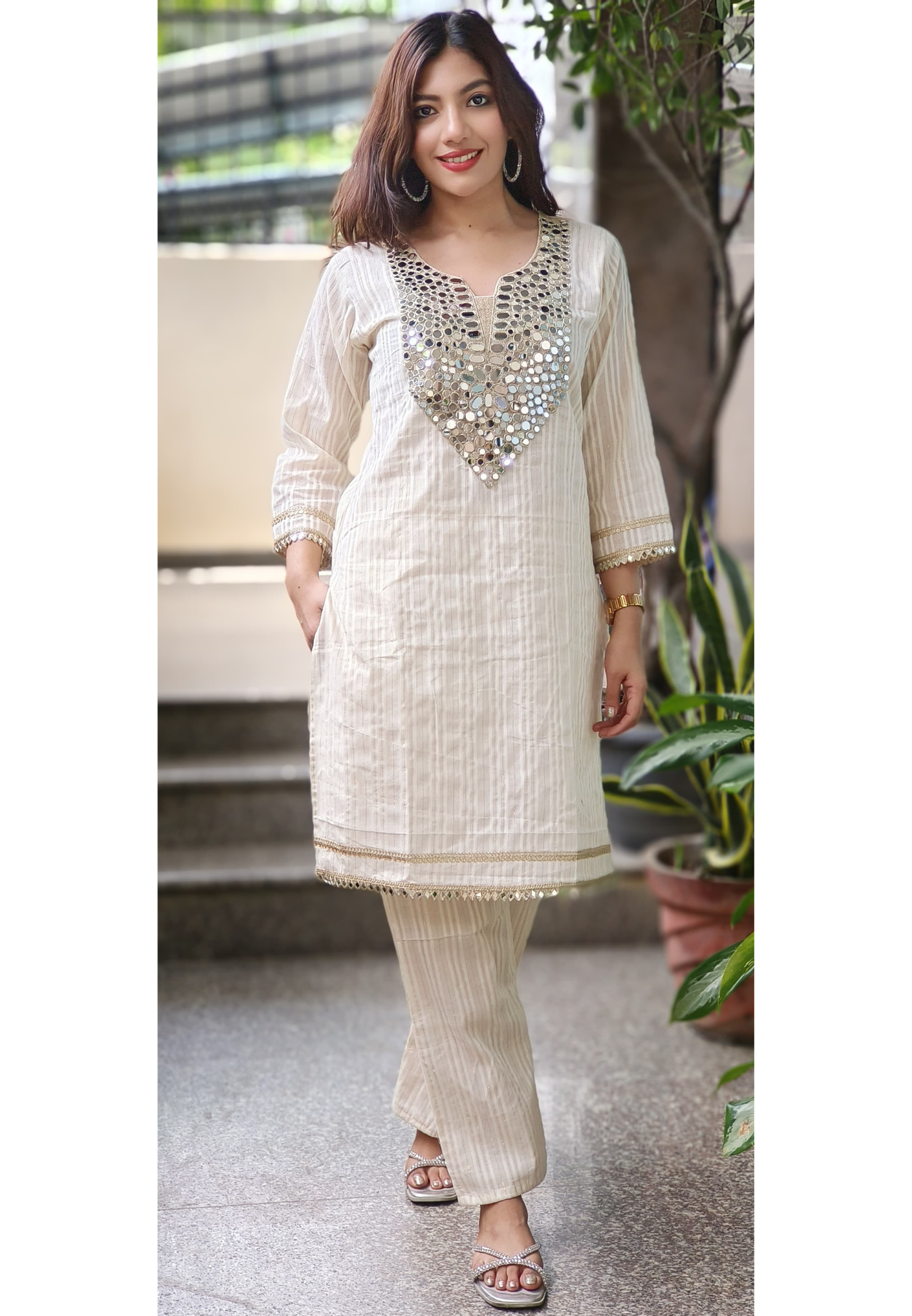 Real Mirror Front Work Cotton With lining Kurta With Bottom- 09962