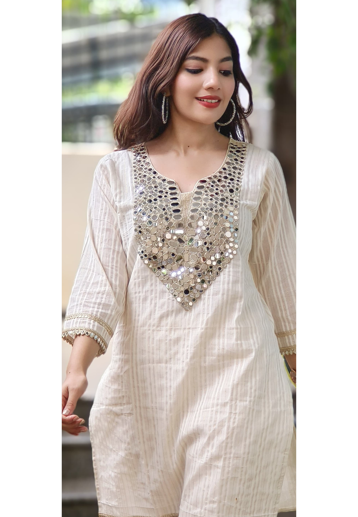 Real Mirror Front Work Cotton With lining Kurta With Bottom- 09962