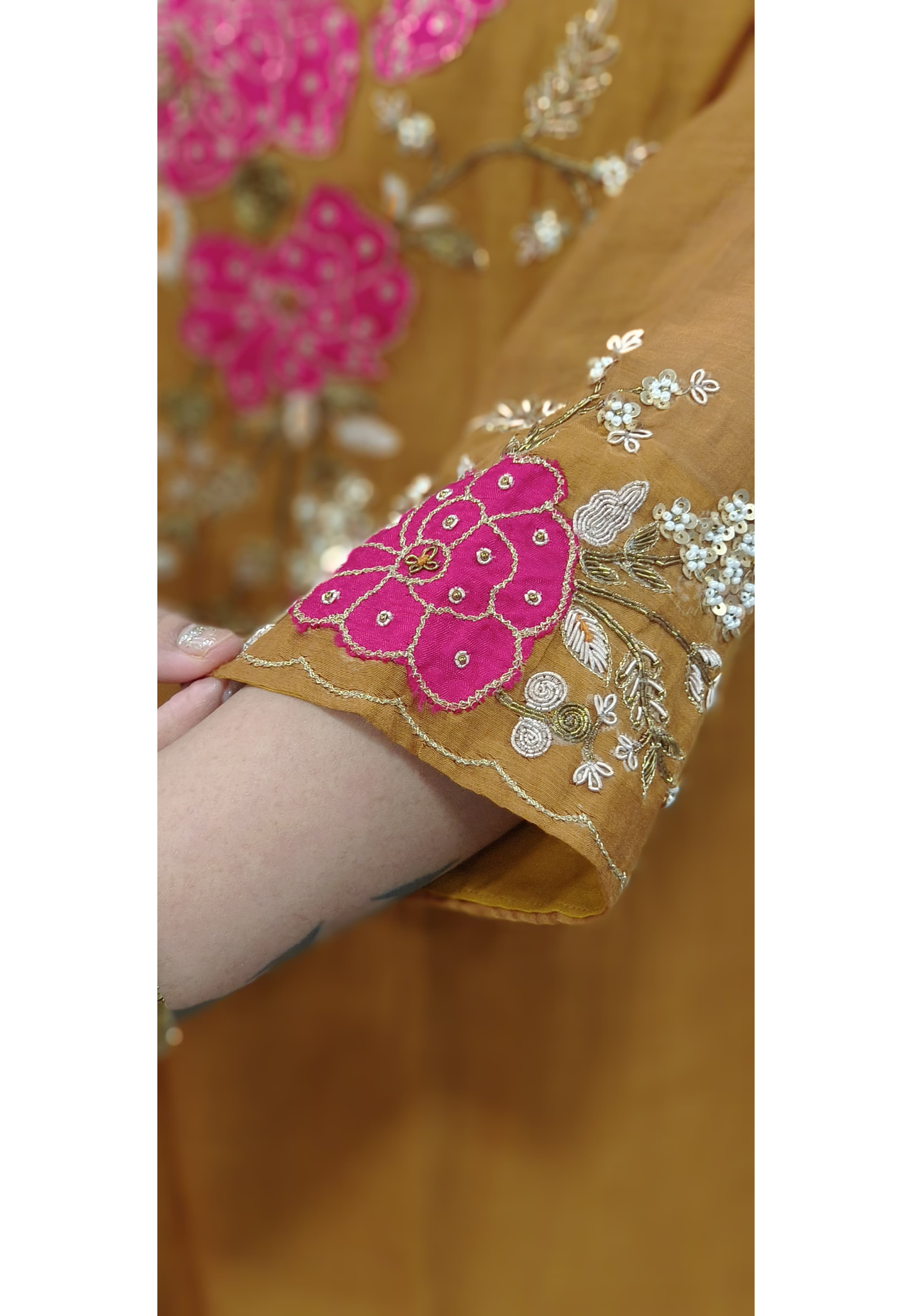 Grand Look V-Neck Floral Pearl Work Mul Chanderi A-Line Kurta With Bottom & Dupatta- 09985