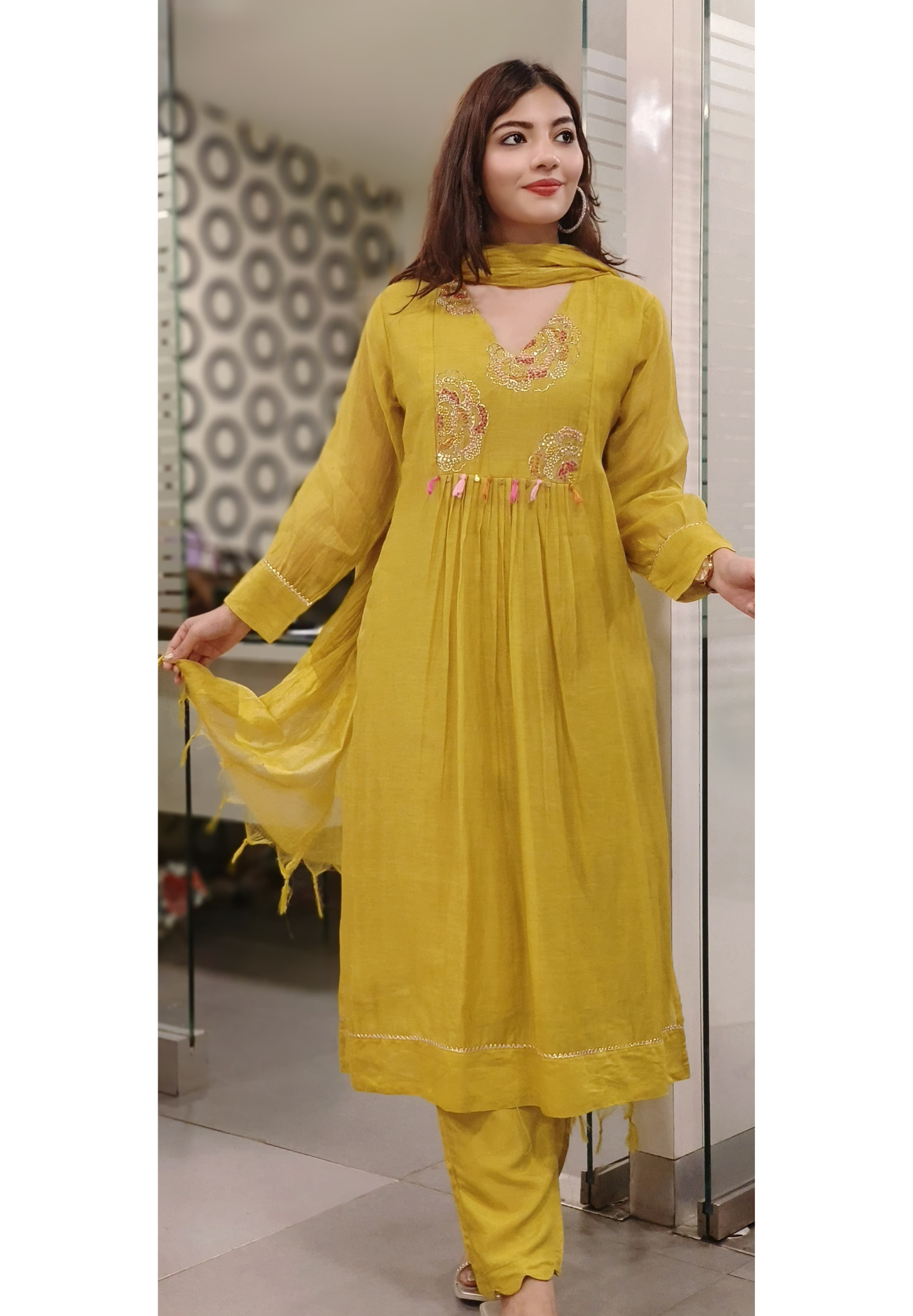 Floral Patched Type Work V-Neck A-Line Kurta With Bottom & Dupatta In Mul Chanderi Fabric- 09974