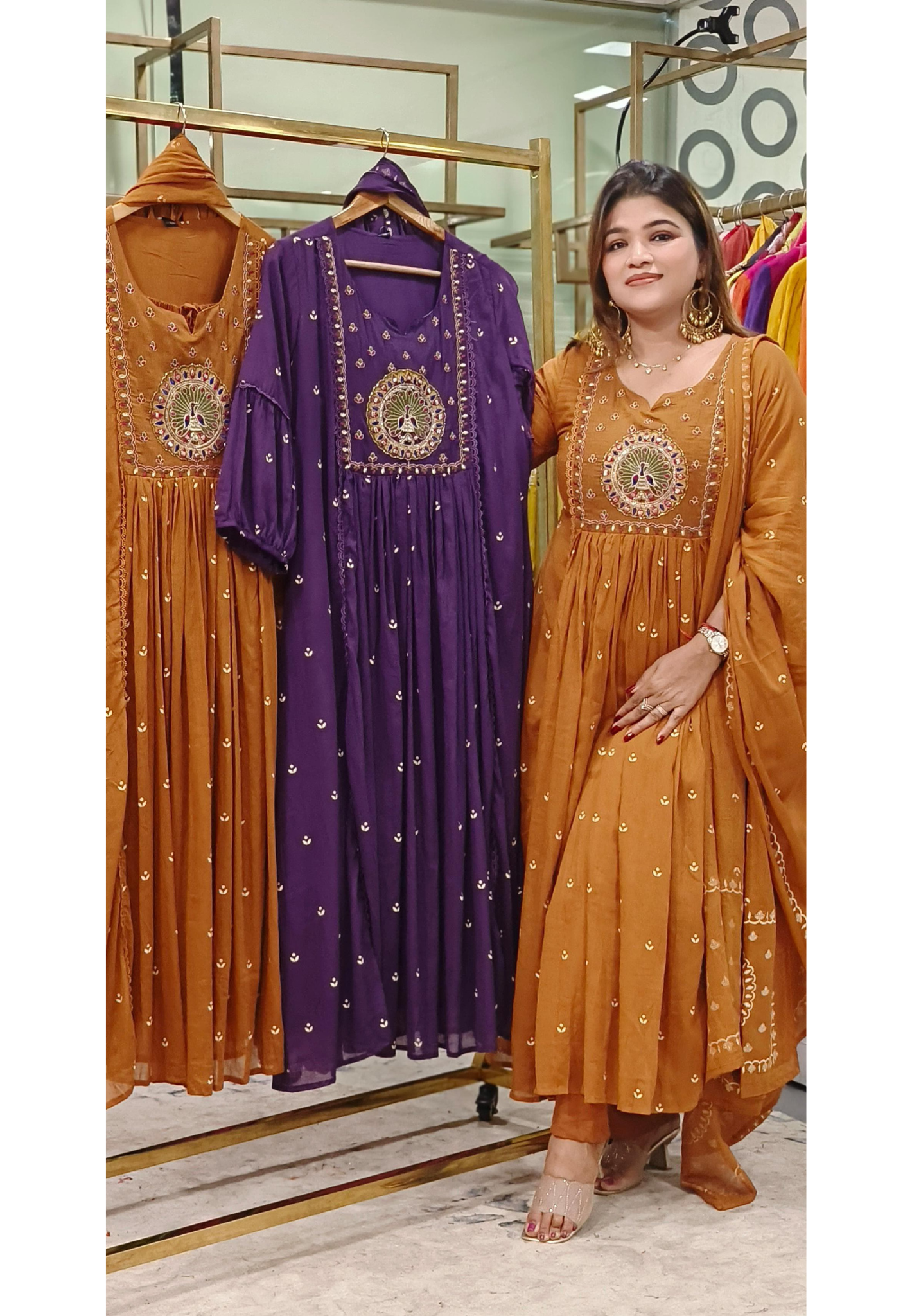 Foil Mirror Pea-Cock Front Embroidered A-Line Kurta With Bottom & Dupatta In Mul Cotton Fabric