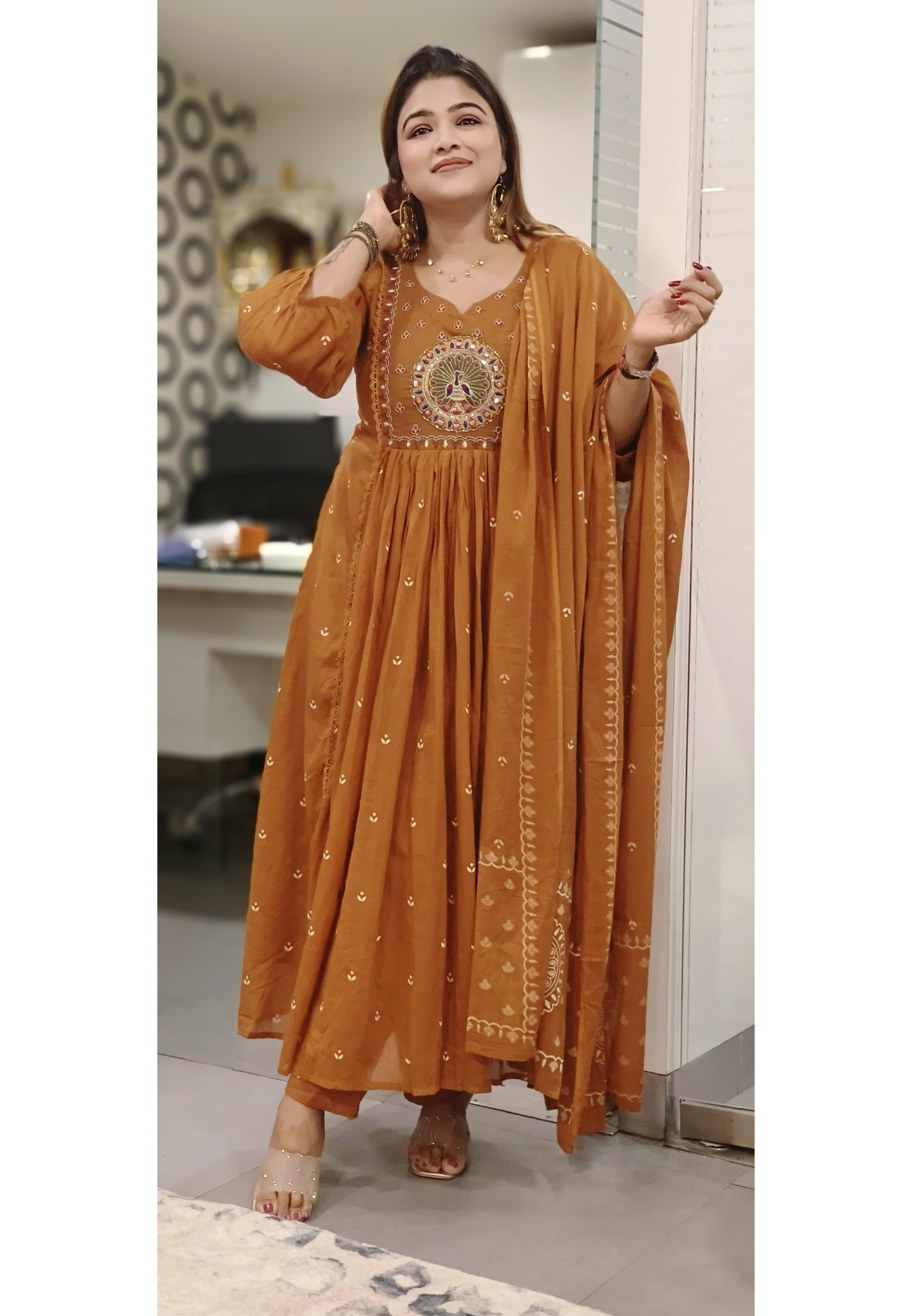 Foil Mirror Pea-Cock Front Embroidered A-Line Kurta With Bottom & Dupatta In Mul Cotton Fabric