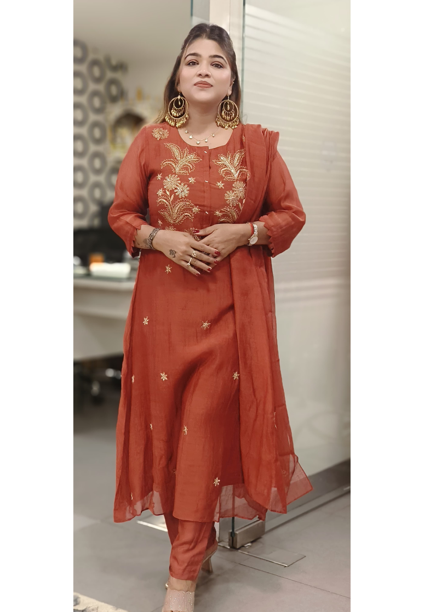 Zari & Pearl Embroidered Mul Chanderi Full Suit Set With Dupatta- 10058