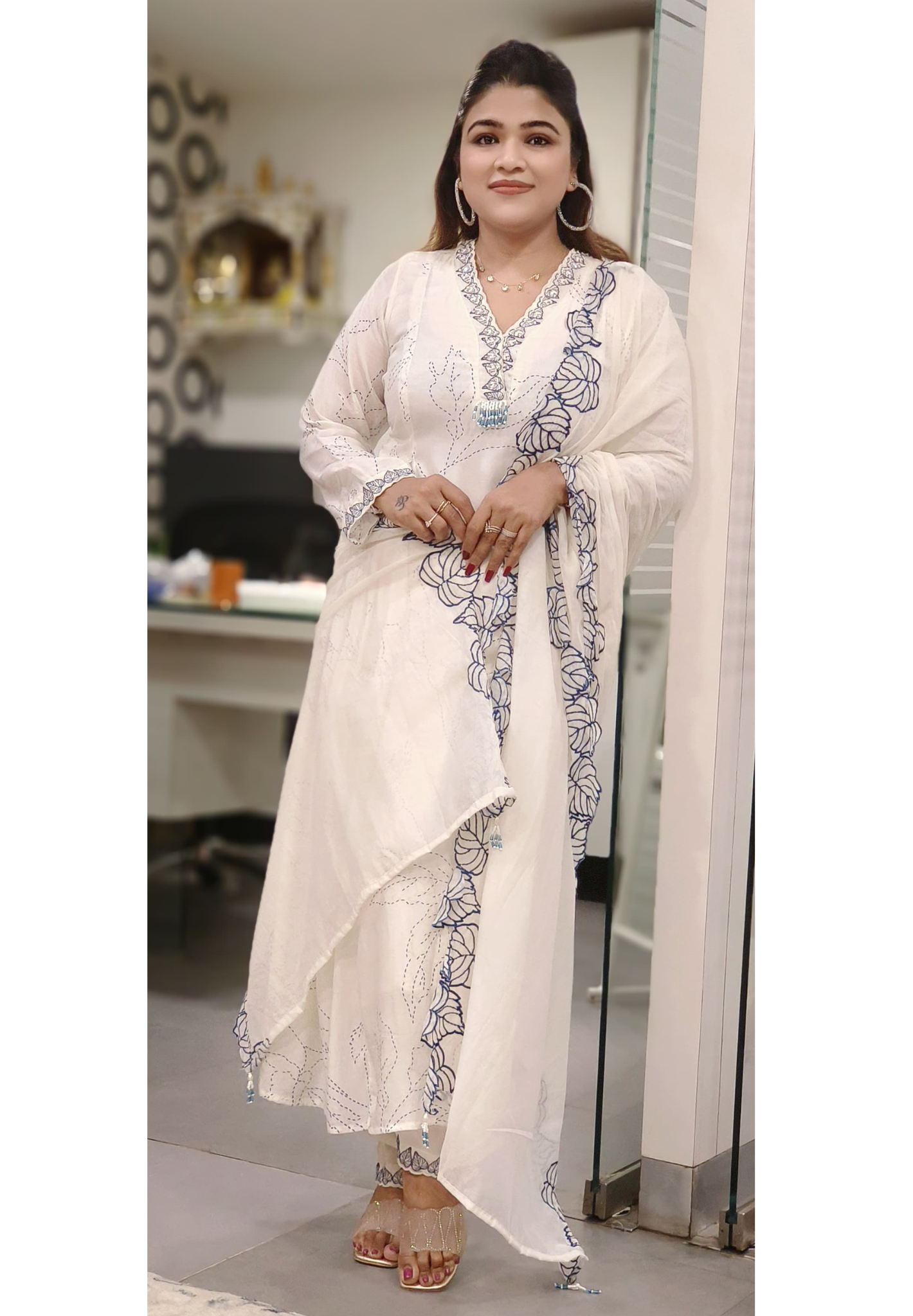 Cut Work Floral A-Line Suit With Bottom & Dupatta In Cotton Fabric- 10095