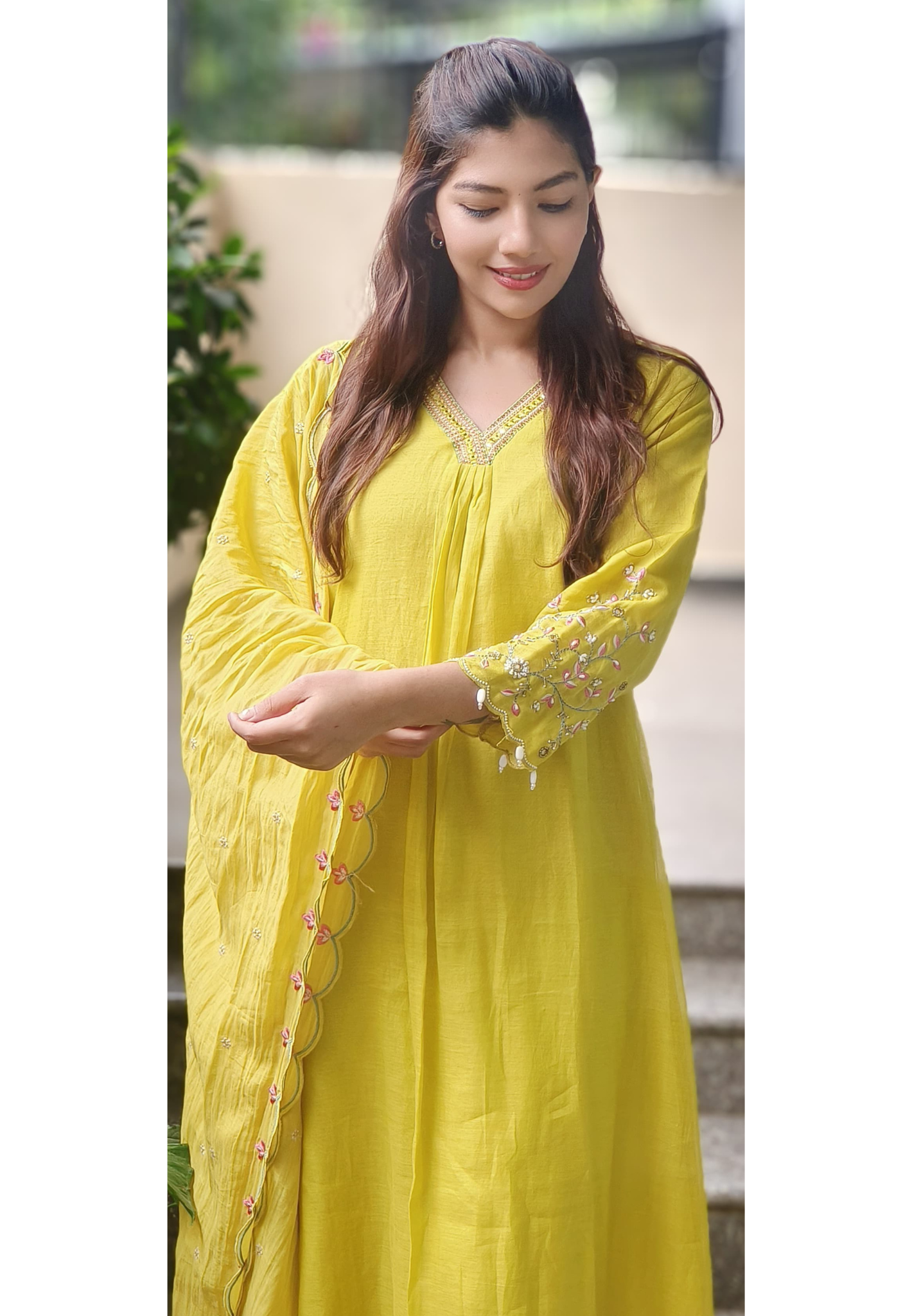 Mul Chanderi A-Line Full Suit With Dupatta With Floral Work