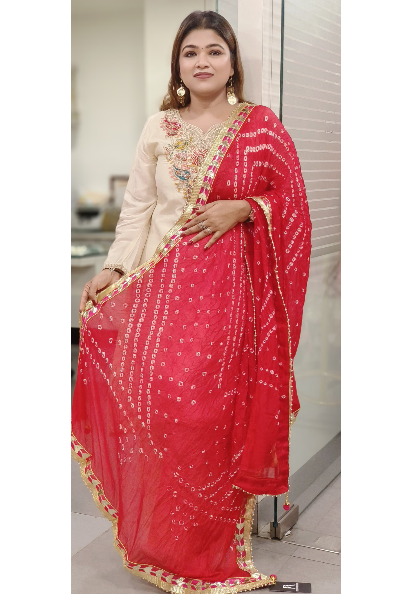 Muslin Silk Bandhani Printed Gotta Work Border Dupatta Only Dispatching After 10 Days