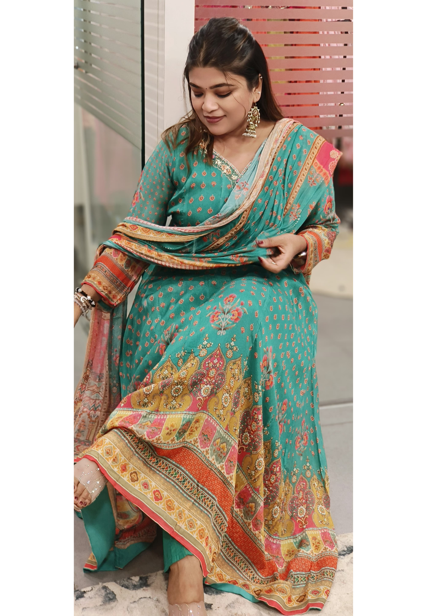 Multicolor Floral Printed Anarkali Full Suit With Dupatta In Chinon Fabric