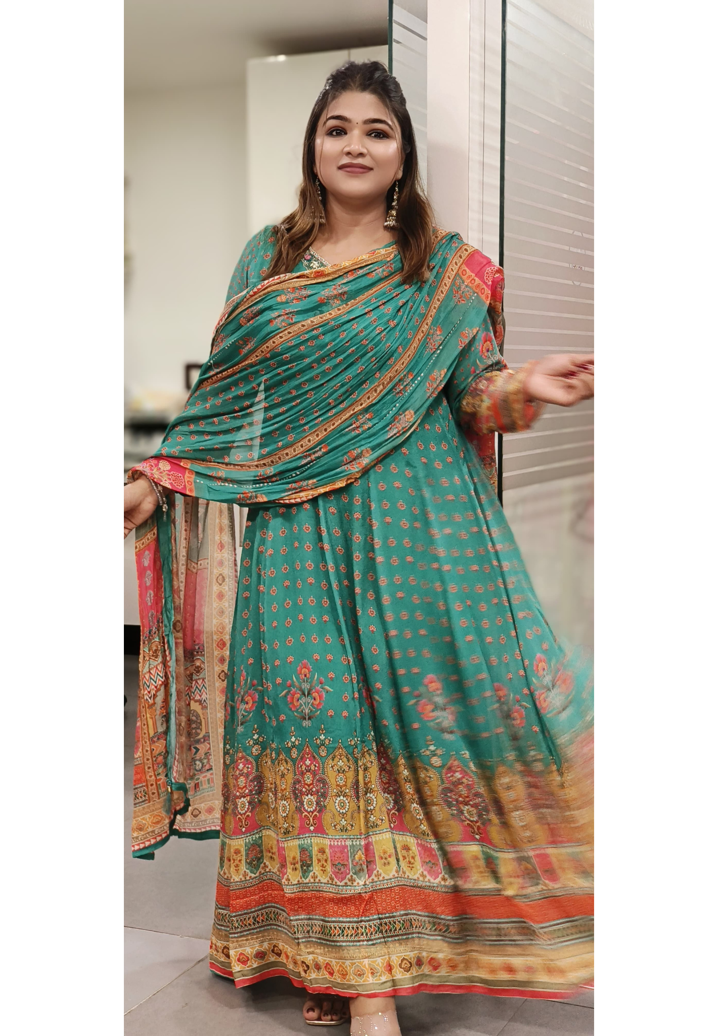 Multicolor Floral Printed Anarkali Full Suit With Dupatta In Chinon Fabric