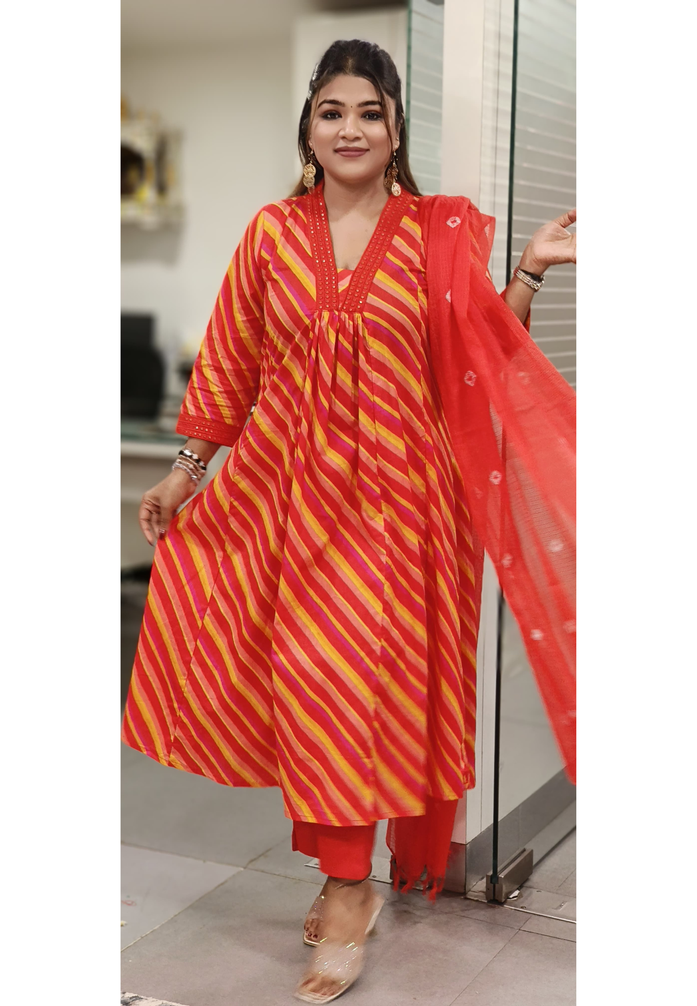 Cotton Lehriya Print Aline Full Set With Kota Doria Dupatta