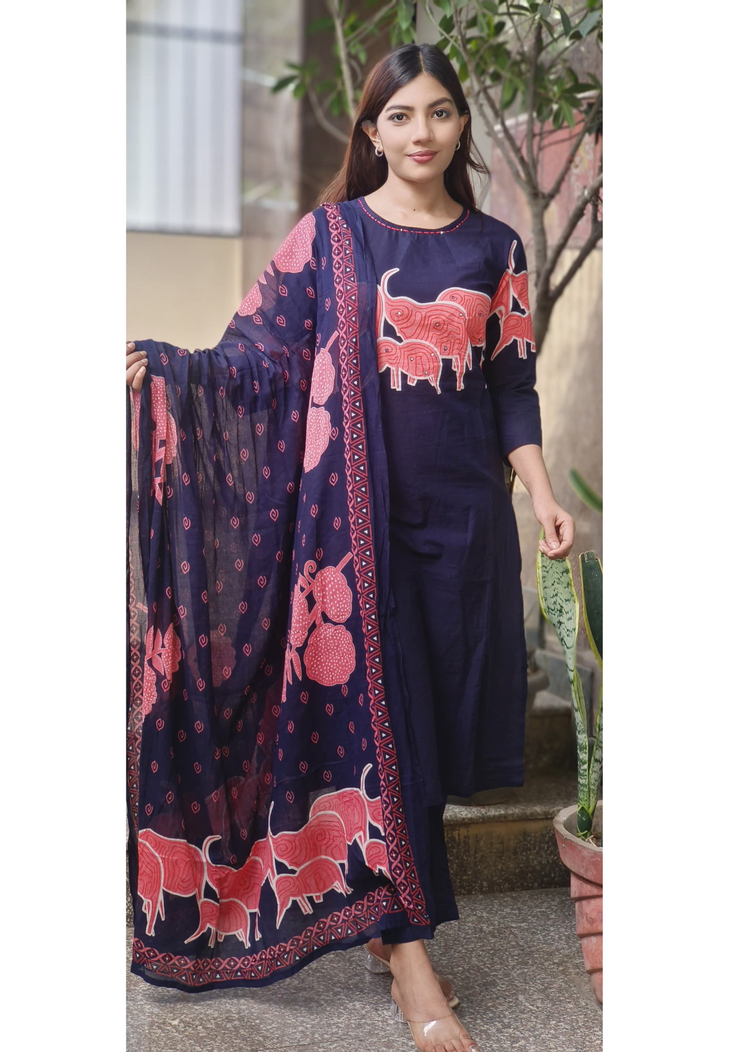 Mini Elephants Print Full Suit Set With Dupatta In Cotton Fabric