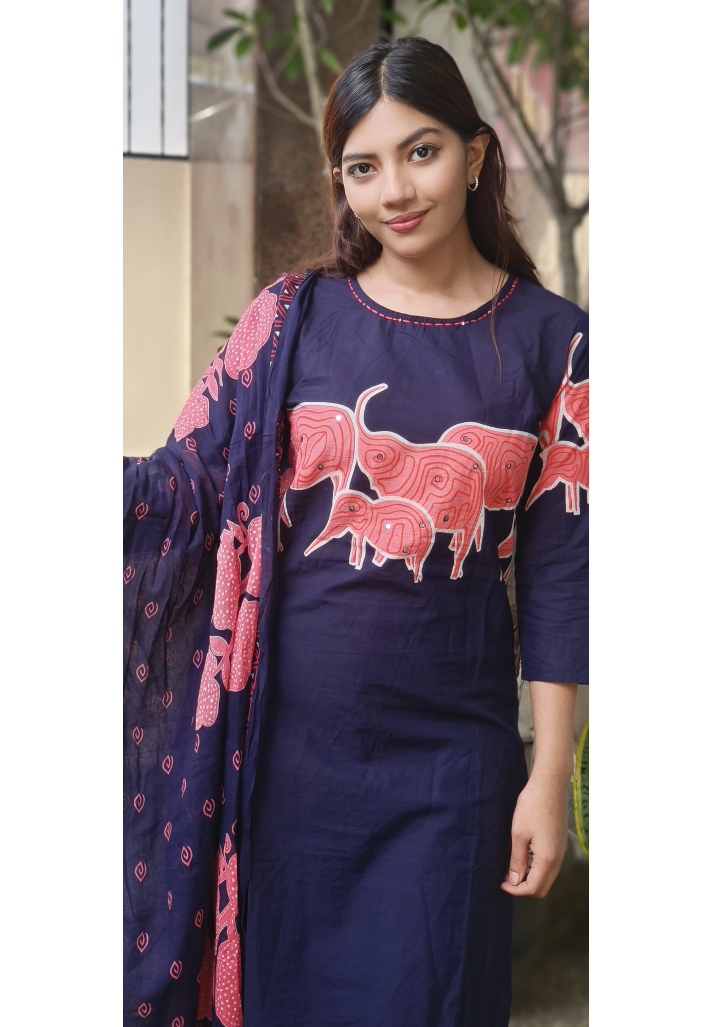 Mini Elephants Print Full Suit Set With Dupatta In Cotton Fabric