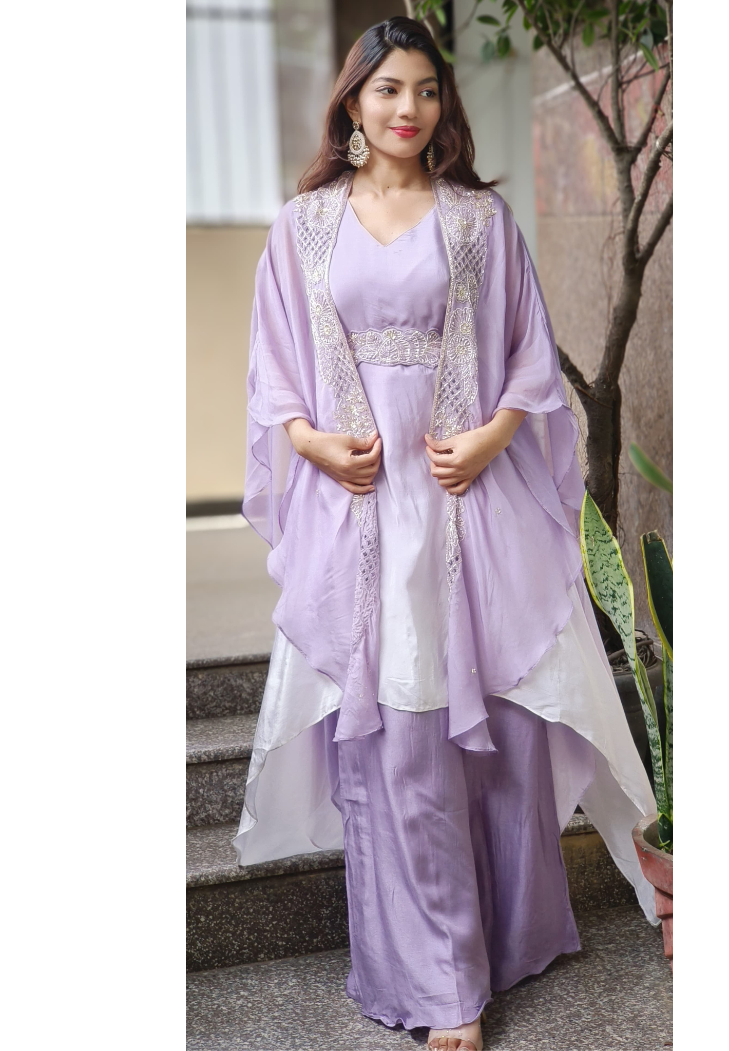 Embroidered Handwork Crepe Top With Palazzo & Shrug