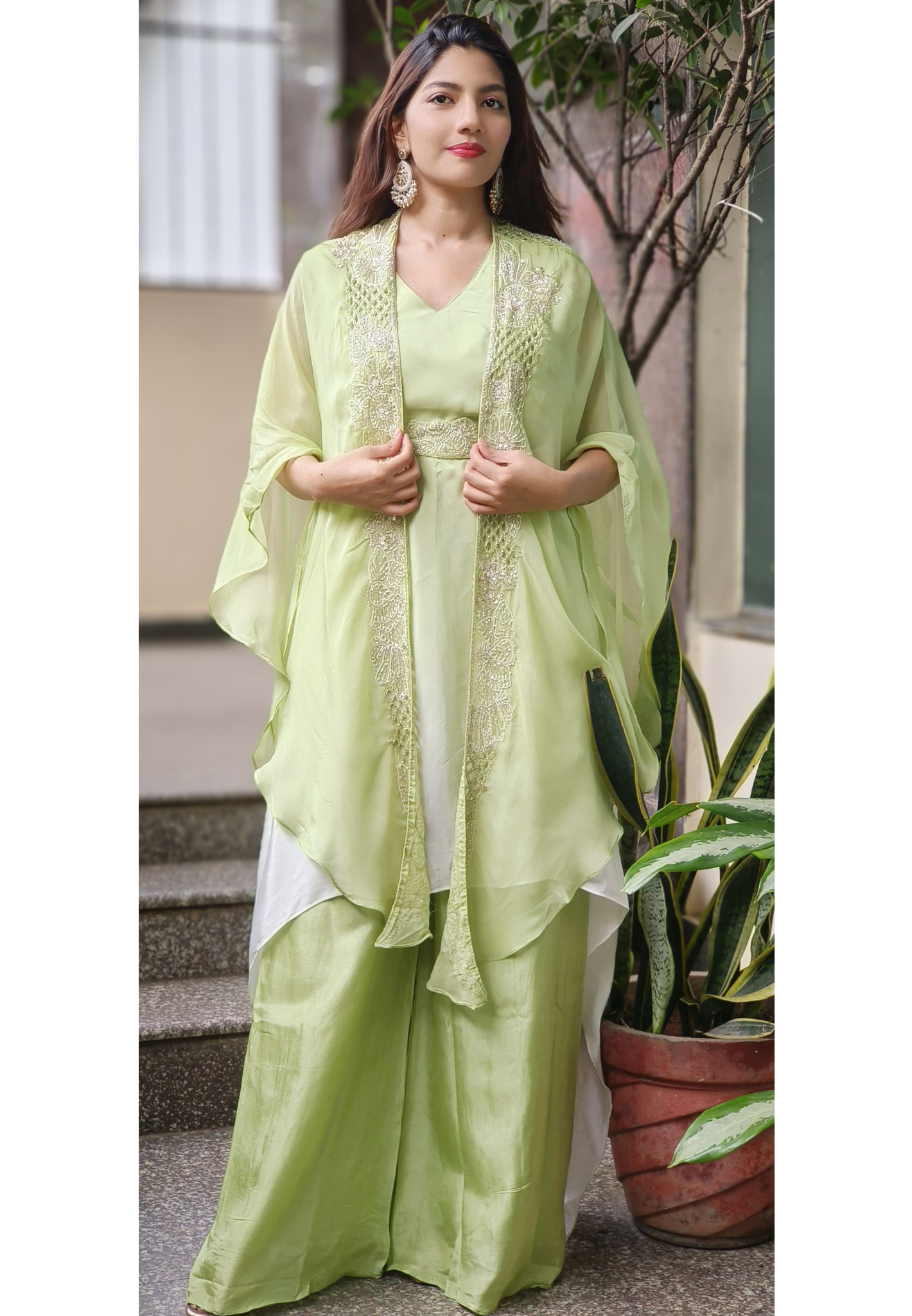 Embroidered Handwork Crepe Top With Palazzo & Shrug