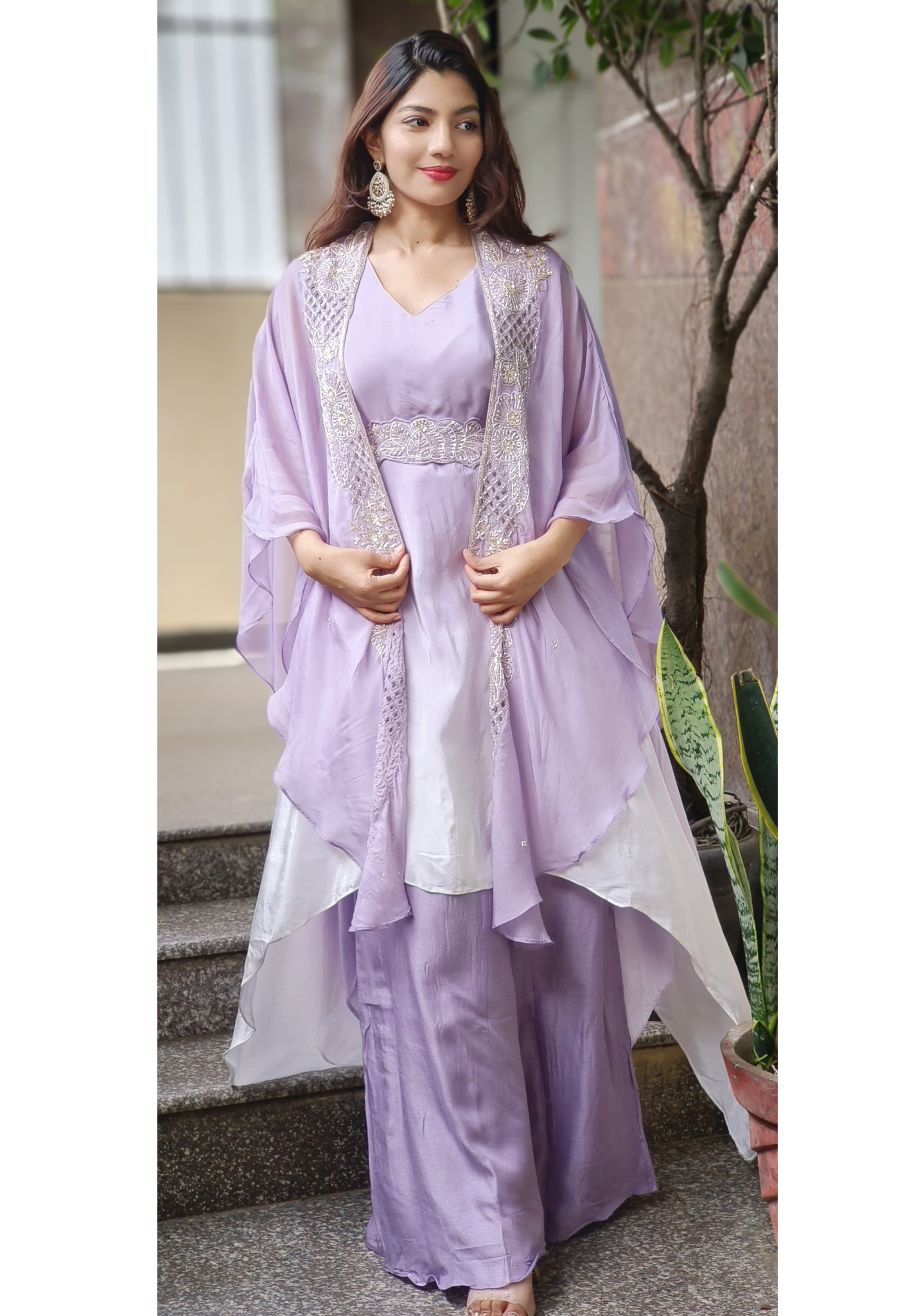 Embroidered Handwork Crepe Top With Palazzo & Shrug