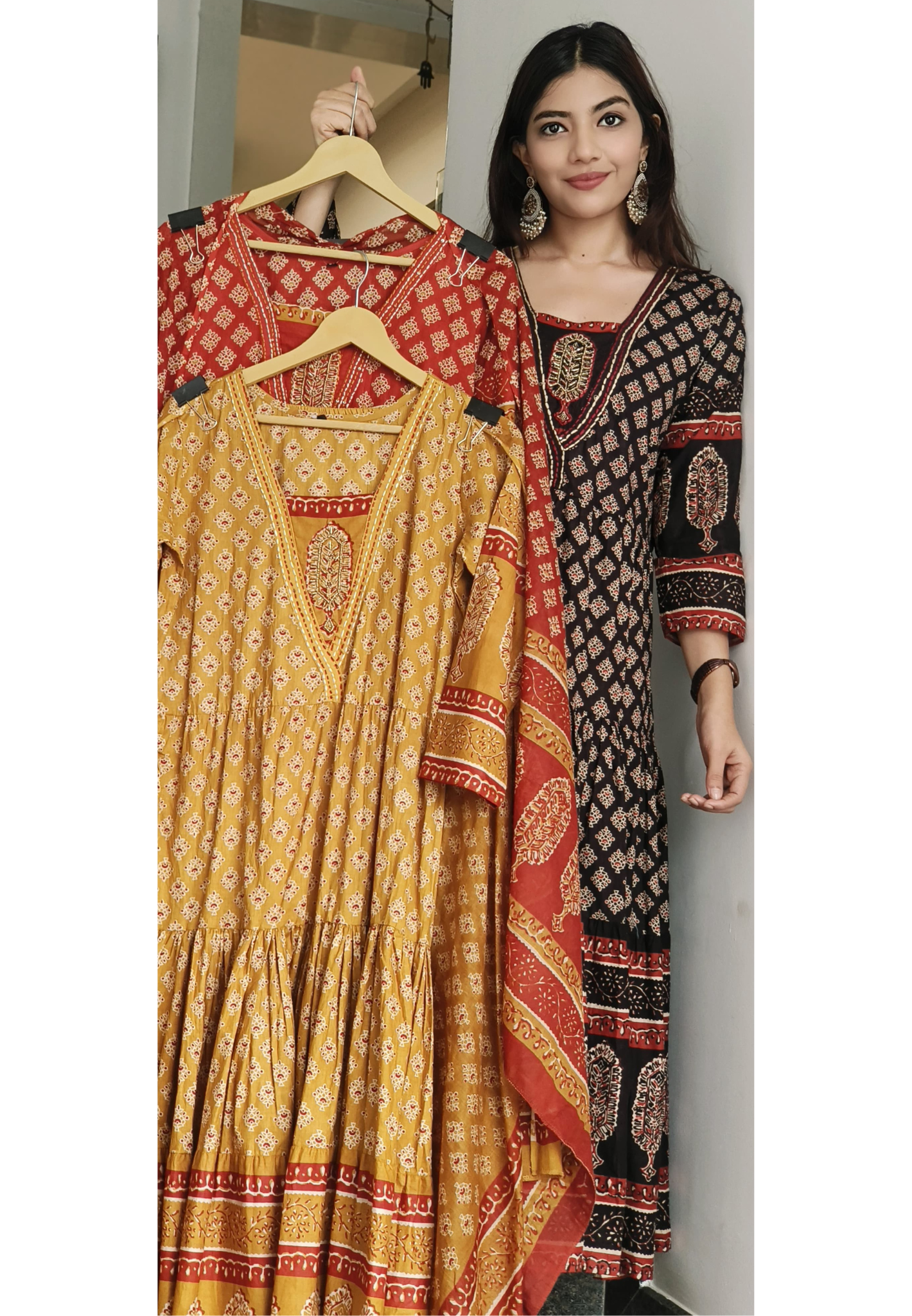Cotton Printed Embroidered Neck Anarkali Full Suit Set With Dupatta