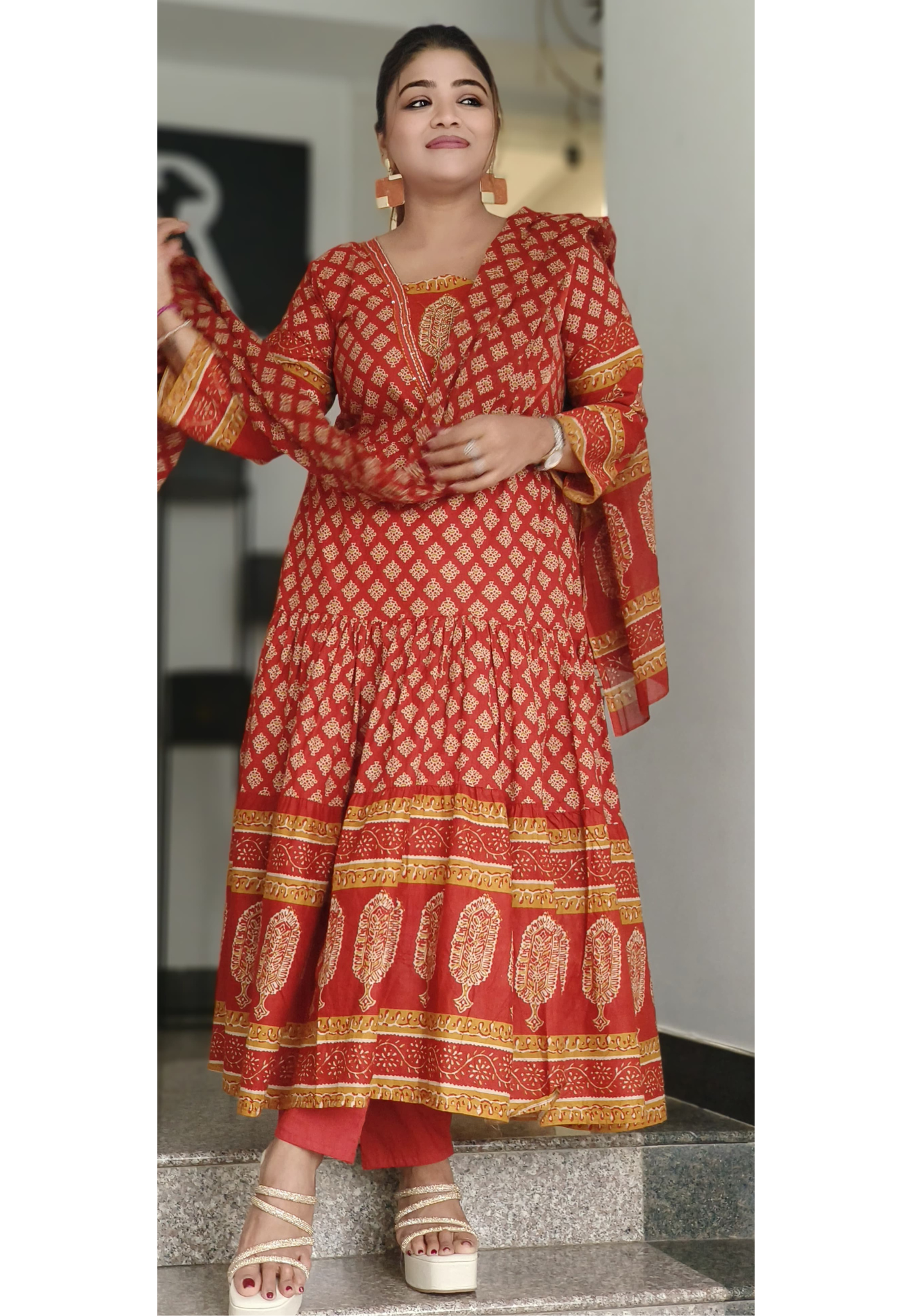 Cotton Printed Embroidered Neck Anarkali Full Suit Set With Dupatta