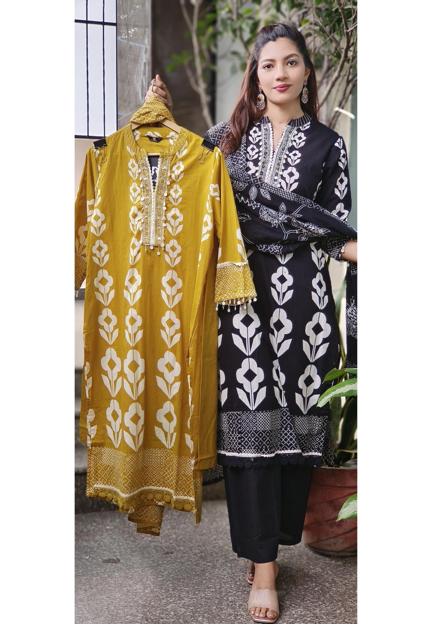 Aafreen Block Bloom Full Suit Set With Dupatta In Cotton