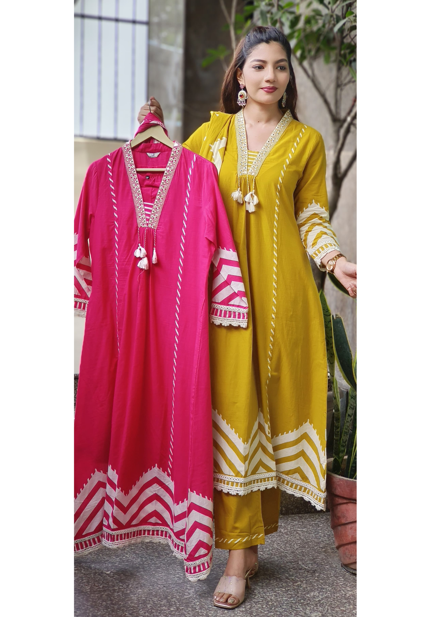 Zehra Chevron Suttle Work Mirror A-line Cotton Full Suit Set With Dupatta 10415