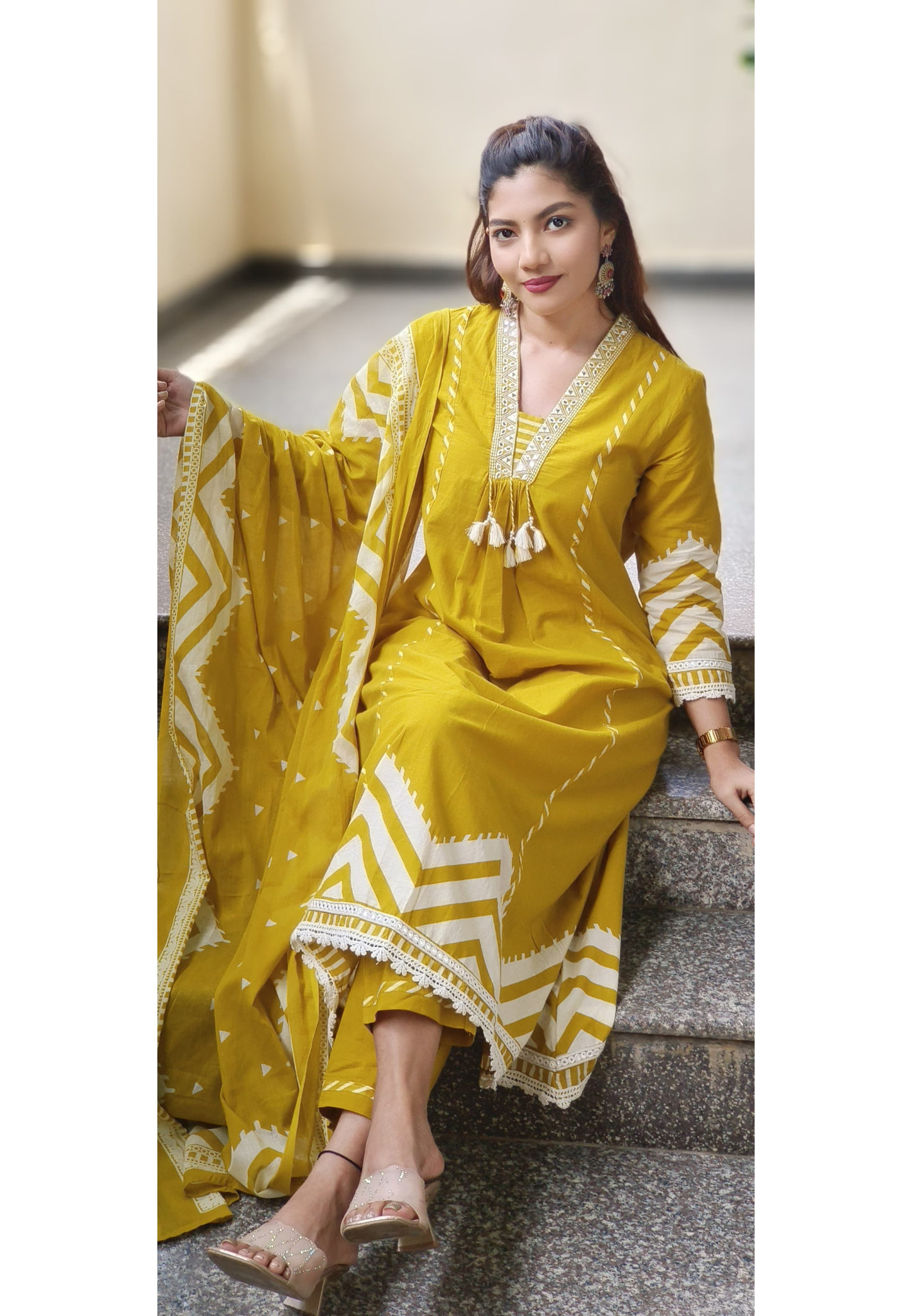 Zehra Chevron Suttle Work Mirror A-line Cotton Full Suit Set With Dupatta 10415