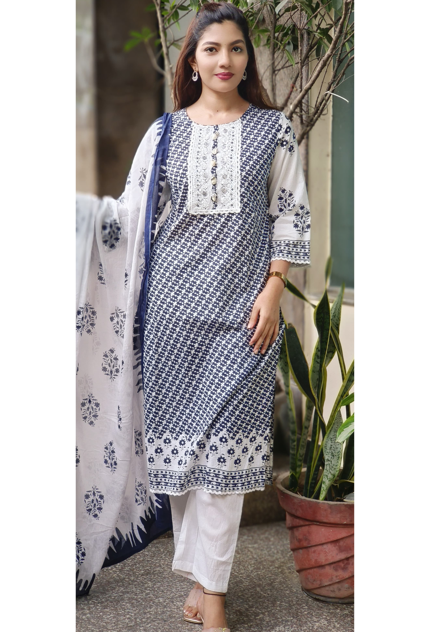 Crosia Lace Work Floral Touch Full Suit Set With Dupatta In Cotton Fabric-10414