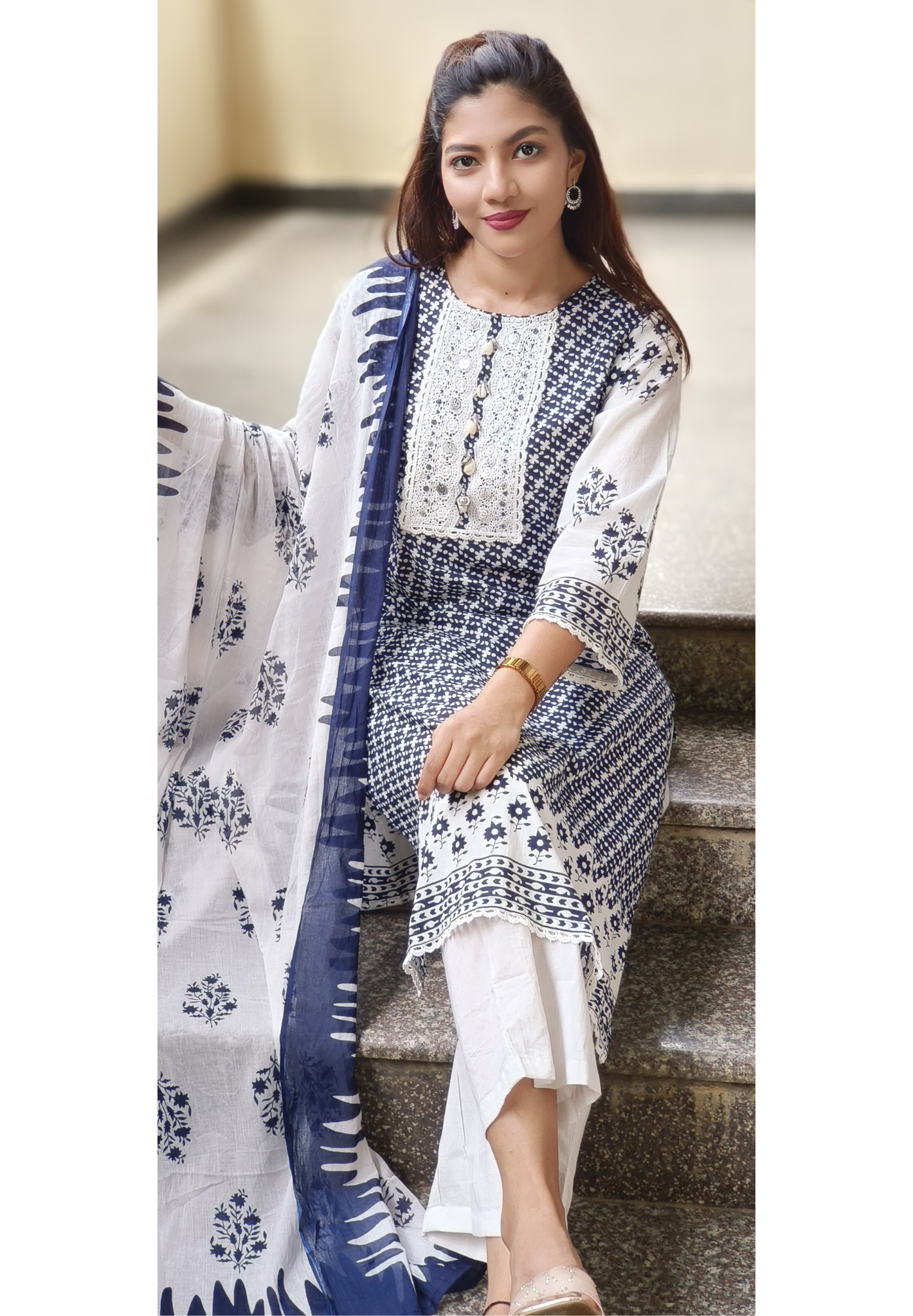 Crosia Lace Work Floral Touch Full Suit Set With Dupatta In Cotton Fabric-10414
