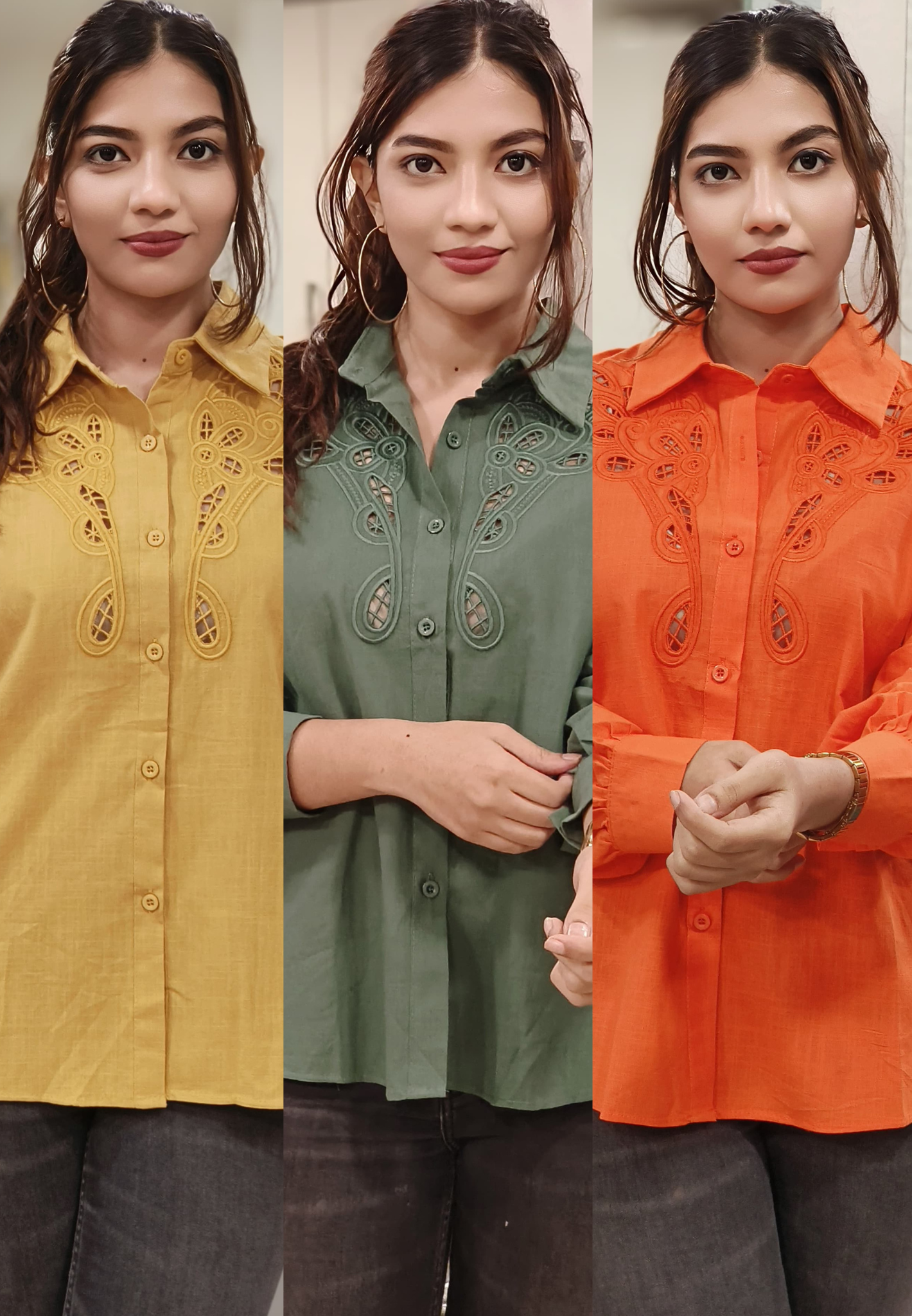 Cut Work With Embroidery Collared Solid Shirt