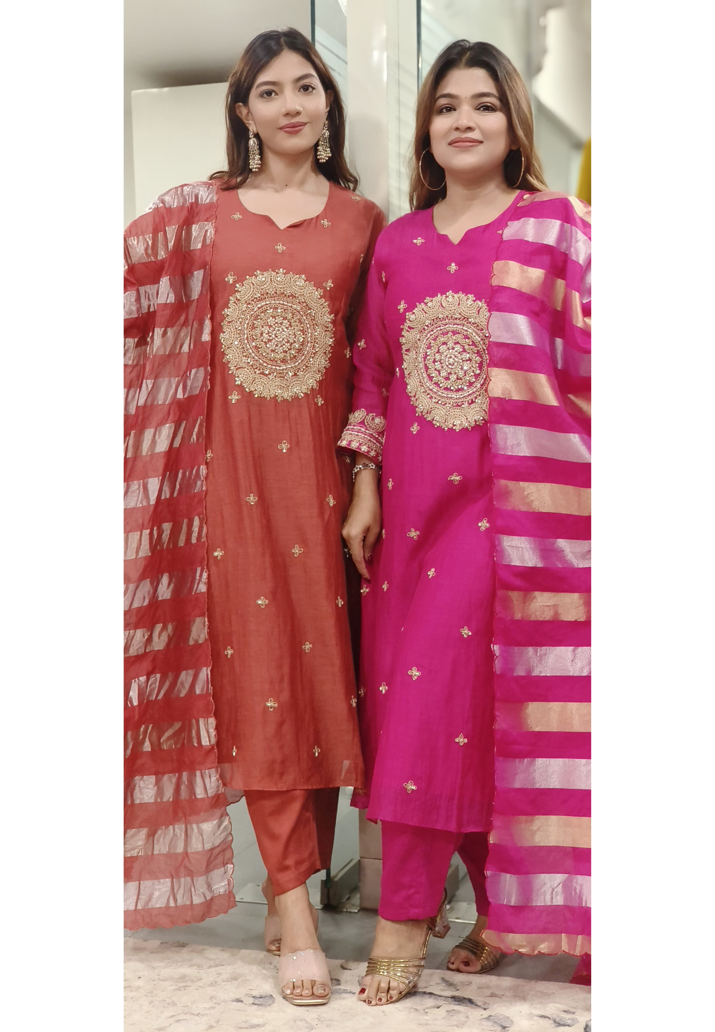 Beautiful Heavy Handwork A-Line Kurta With Bottom In Pure Mul-Chanderi Fabric & Tissue Dupatta