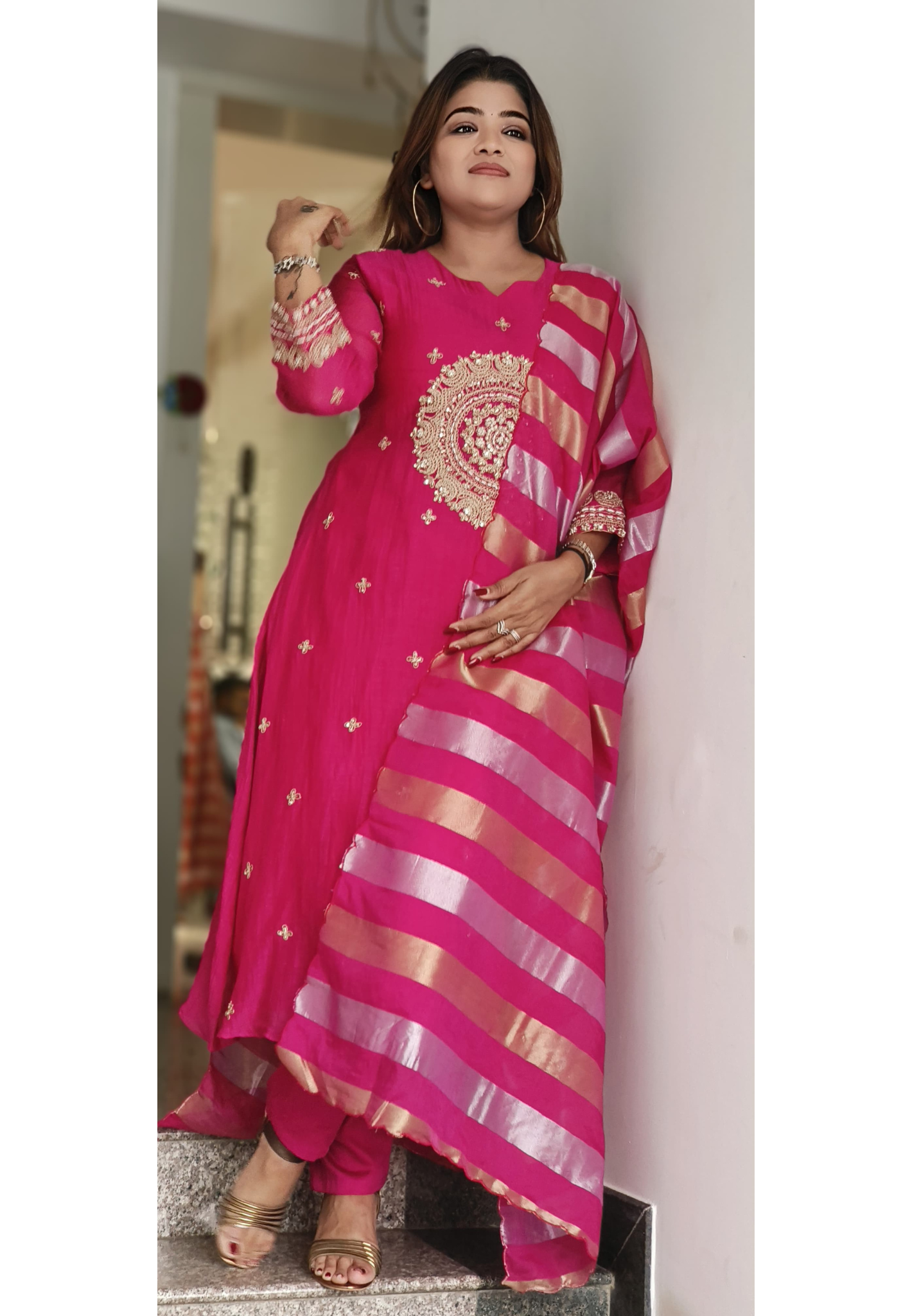Beautiful Heavy Handwork A-Line Kurta With Bottom In Pure Mul-Chanderi Fabric & Tissue Dupatta