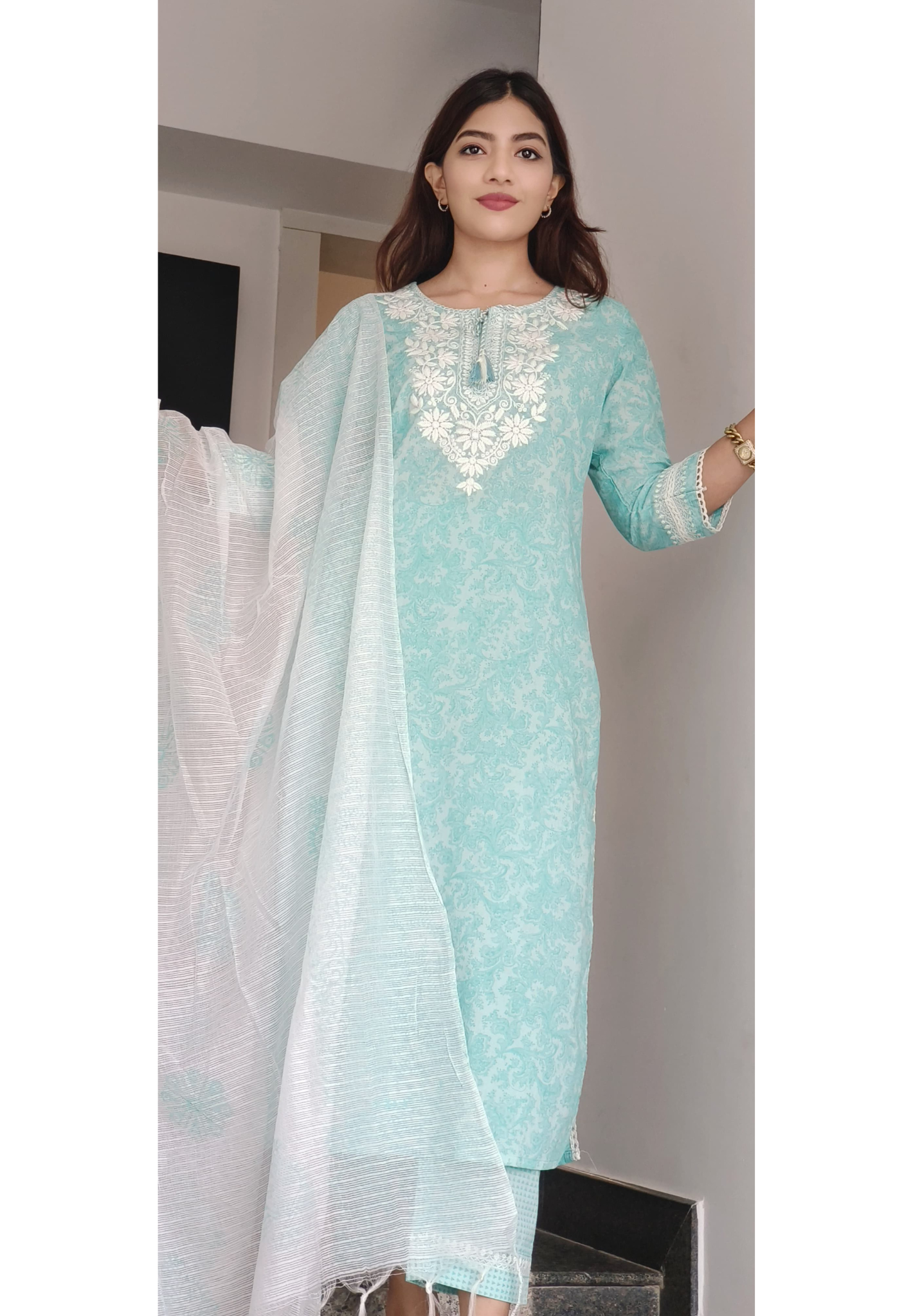 Chikankari Look Embroidered Full Suit Set With Dupatta