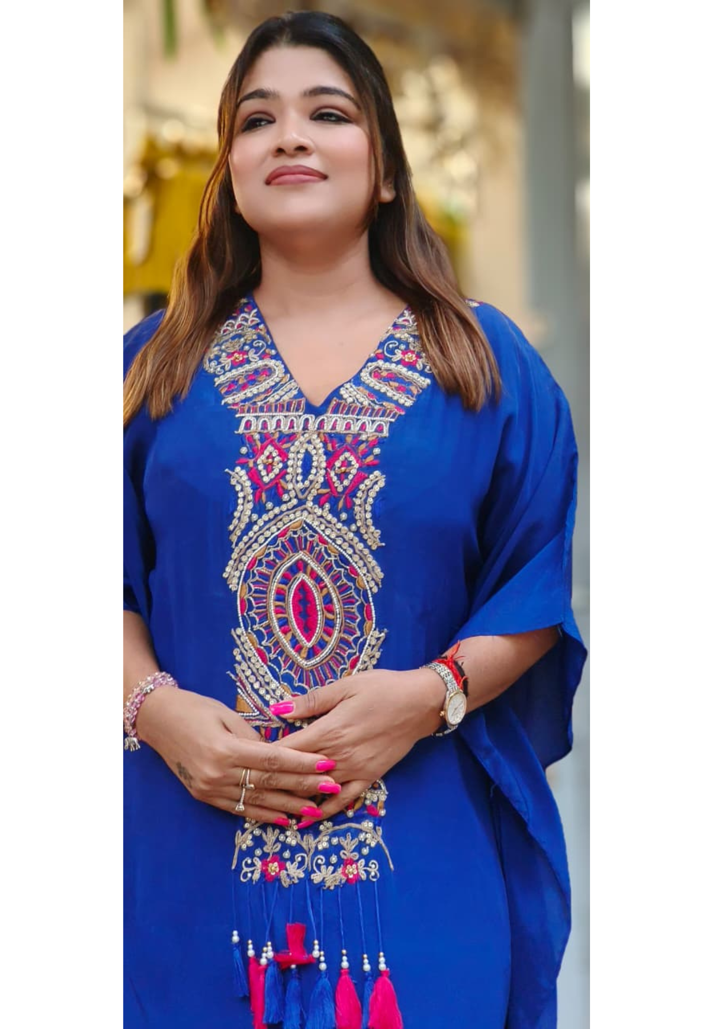Stylish Long Neck Unique Designed Kaftan In Crepe Fabric With Bottom Body Cone Lean Fit