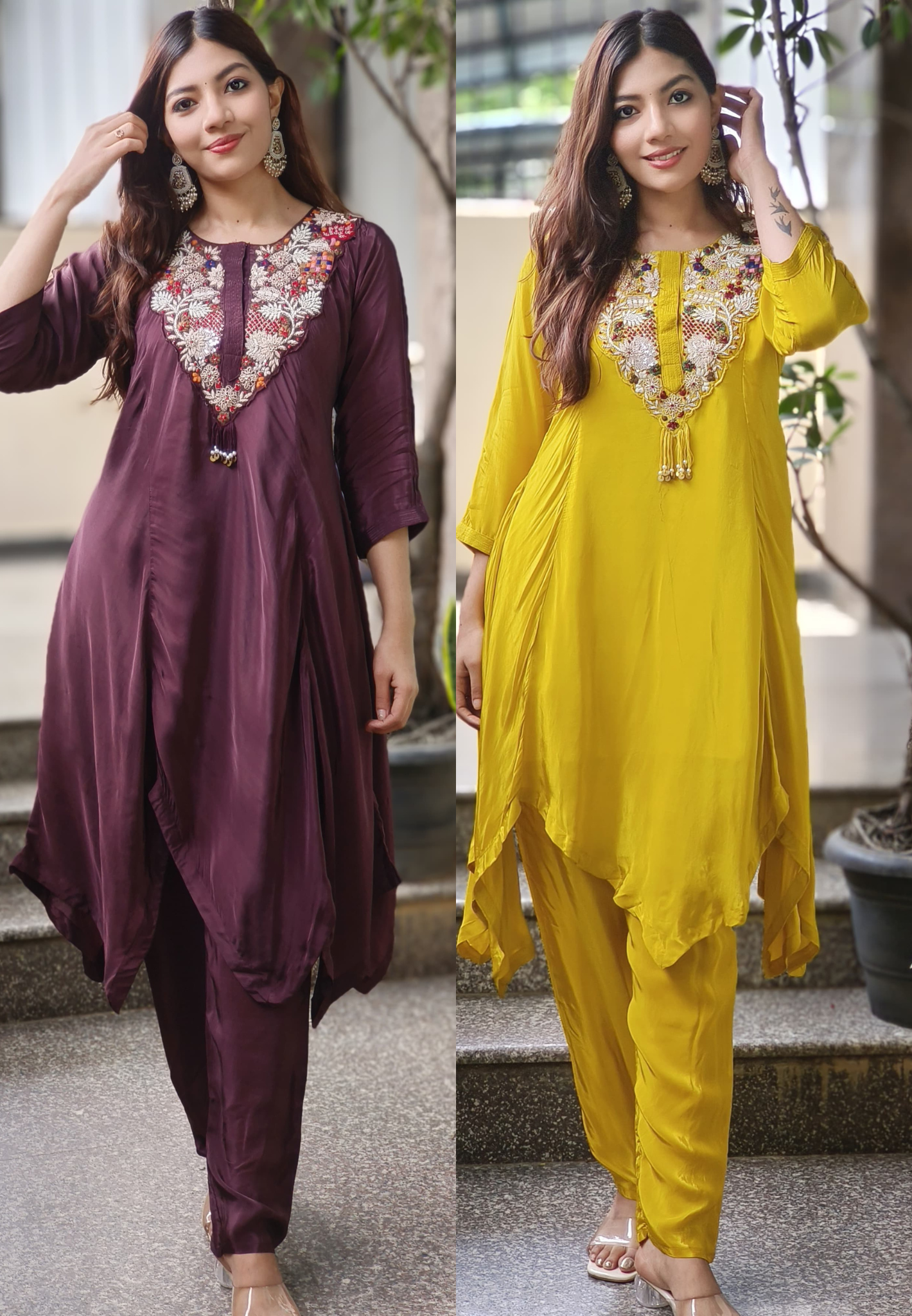 High & Low Flowy Crepe Embroidered Neck Kurta Pant Set In crepe Fabric