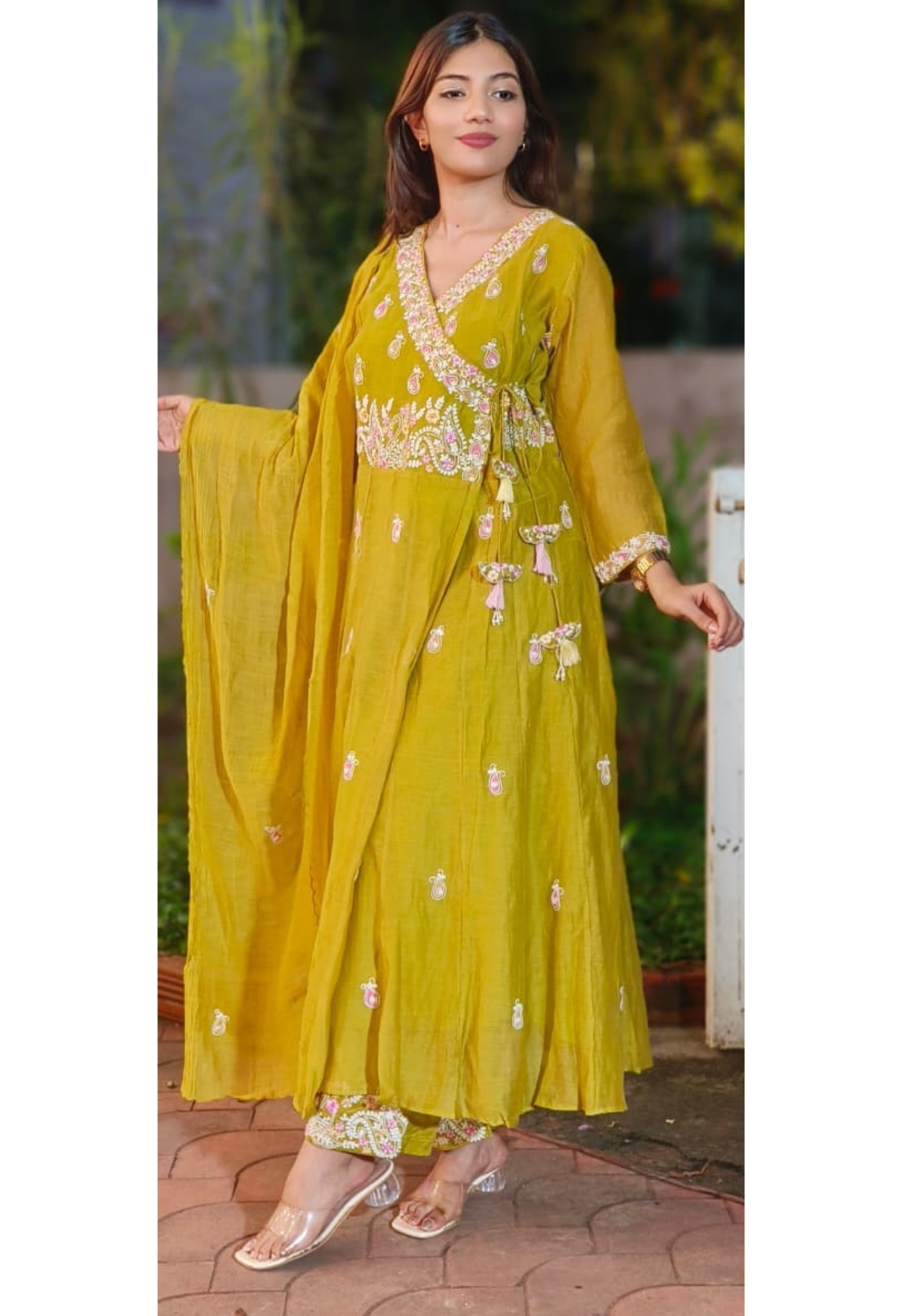 Beautiful Thread Embroidery Angrakha Pattern Mul Chanderi Full Suit Set With Dupatta