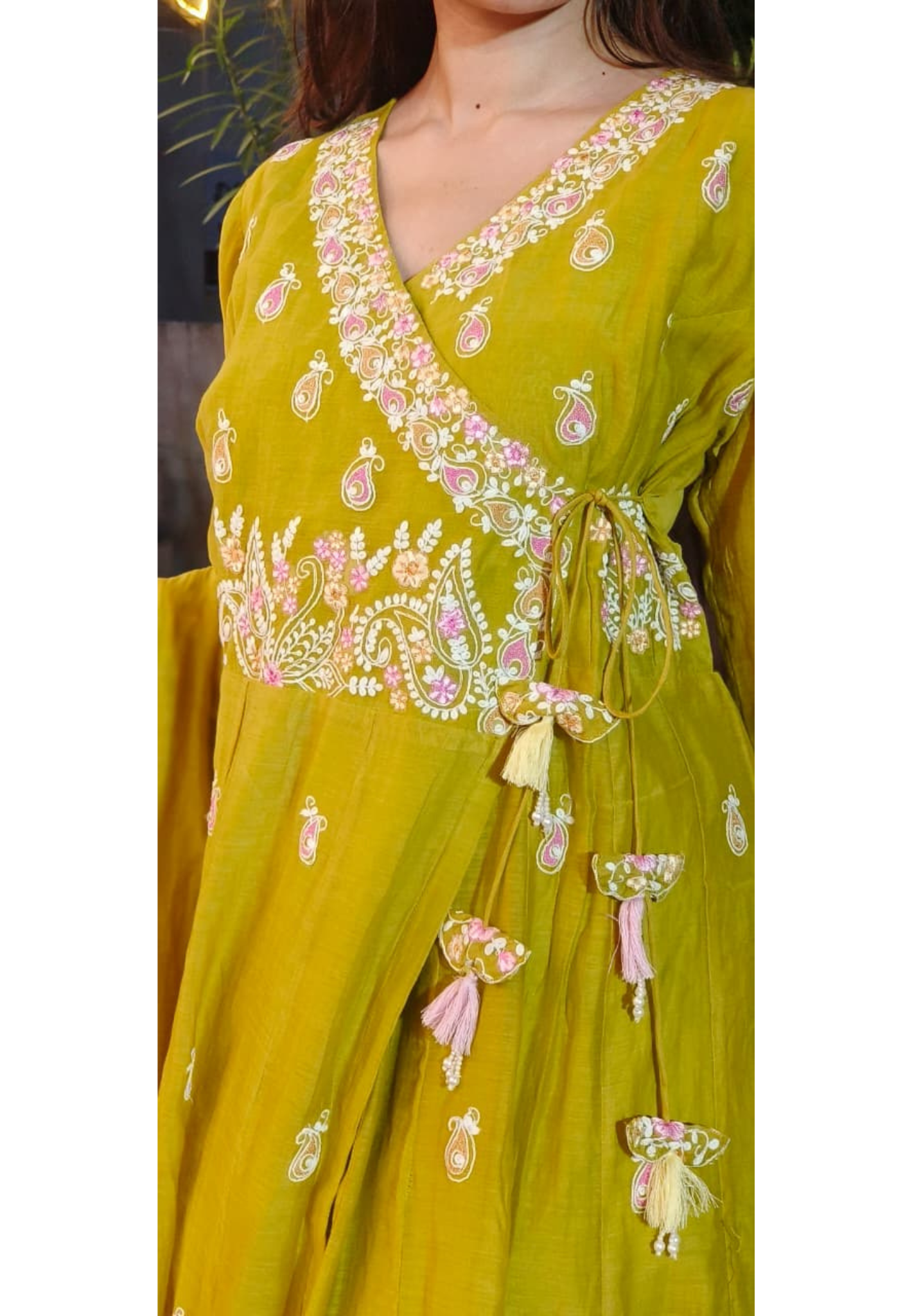 Beautiful Thread Embroidery Angrakha Pattern Mul Chanderi Full Suit Set With Dupatta