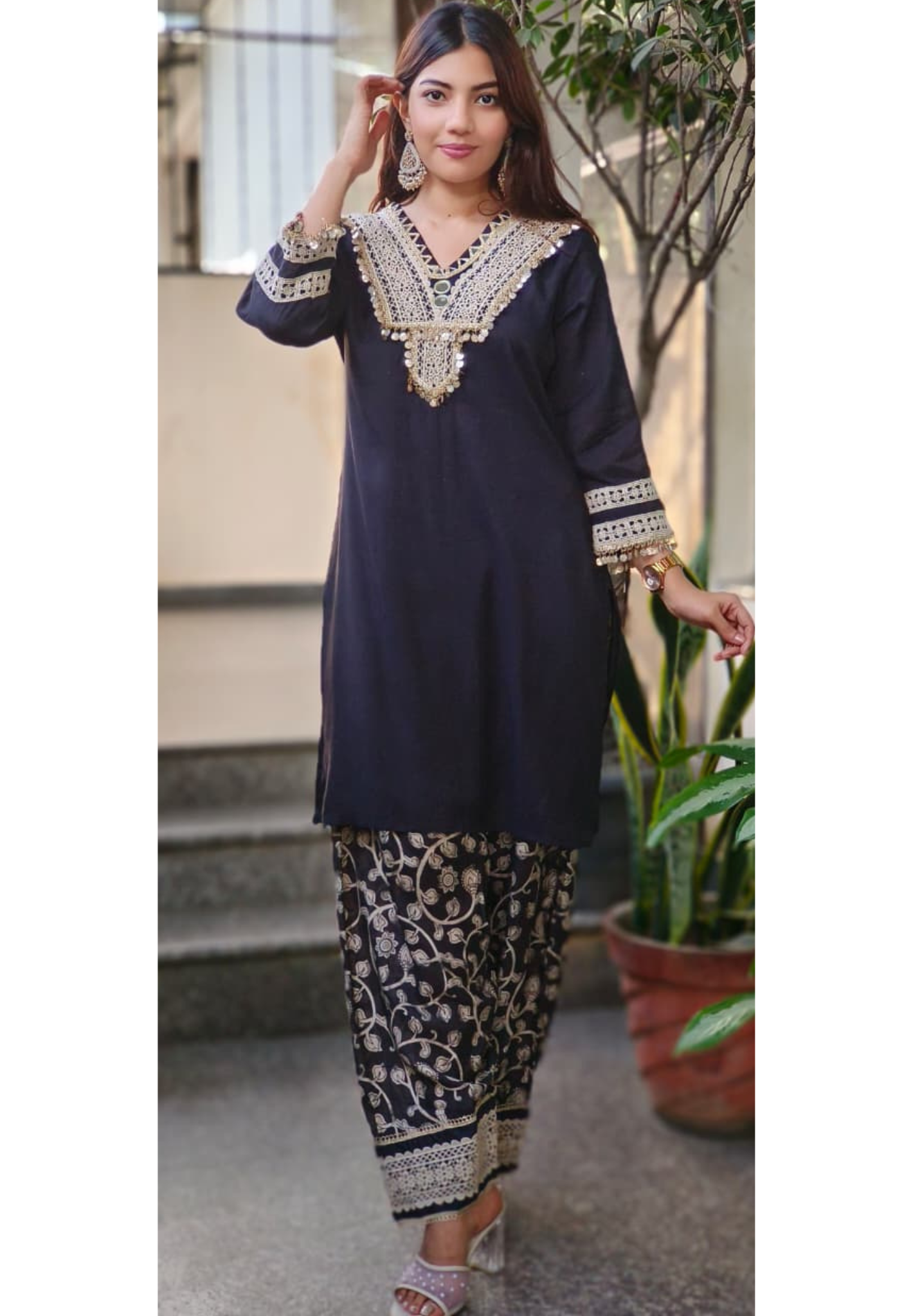 Heavy Embroidered Hang Coin Neck Work Co-Ord Set 010721