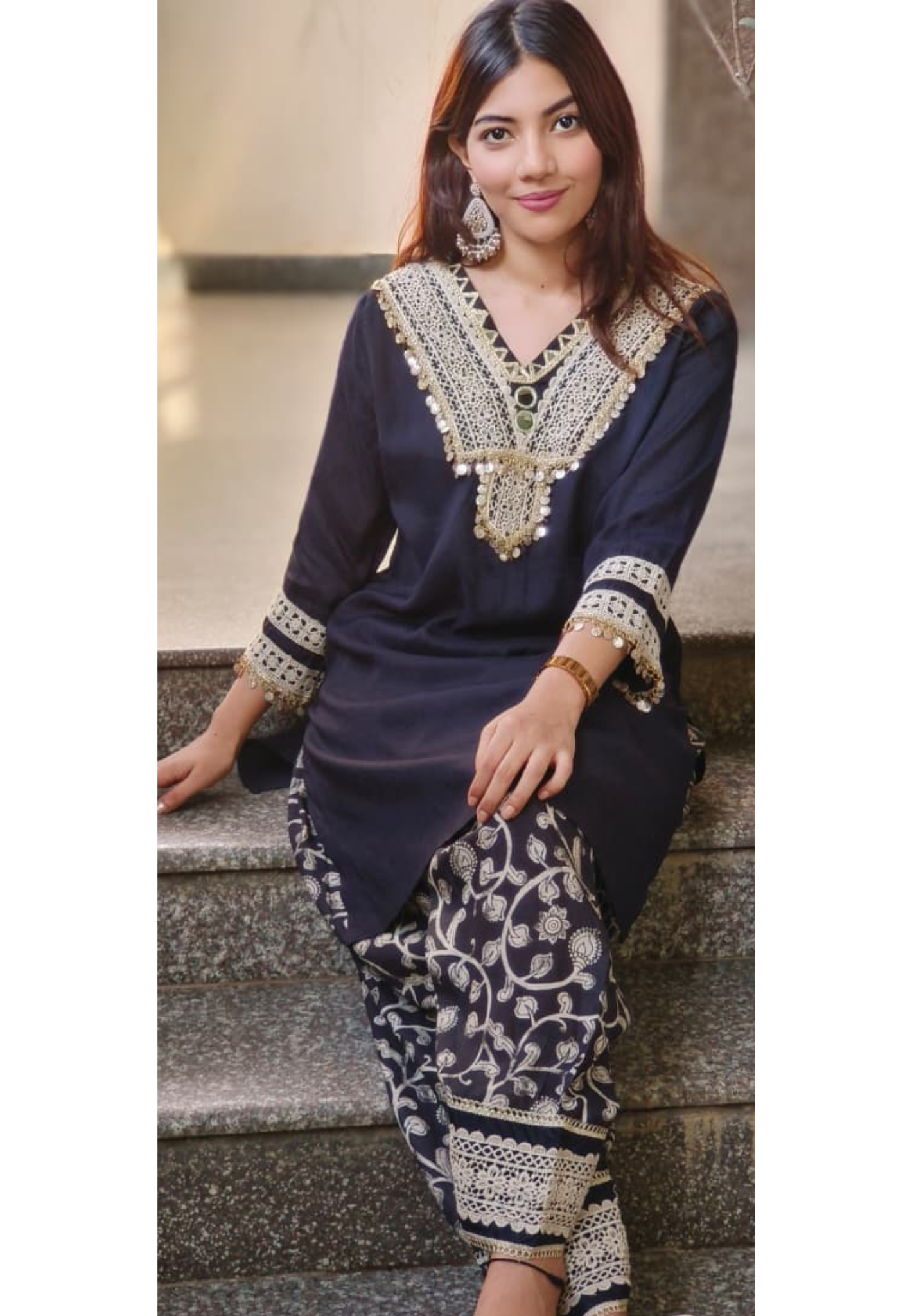 Heavy Embroidered Hang Coin Neck Work Co-Ord Set 010721