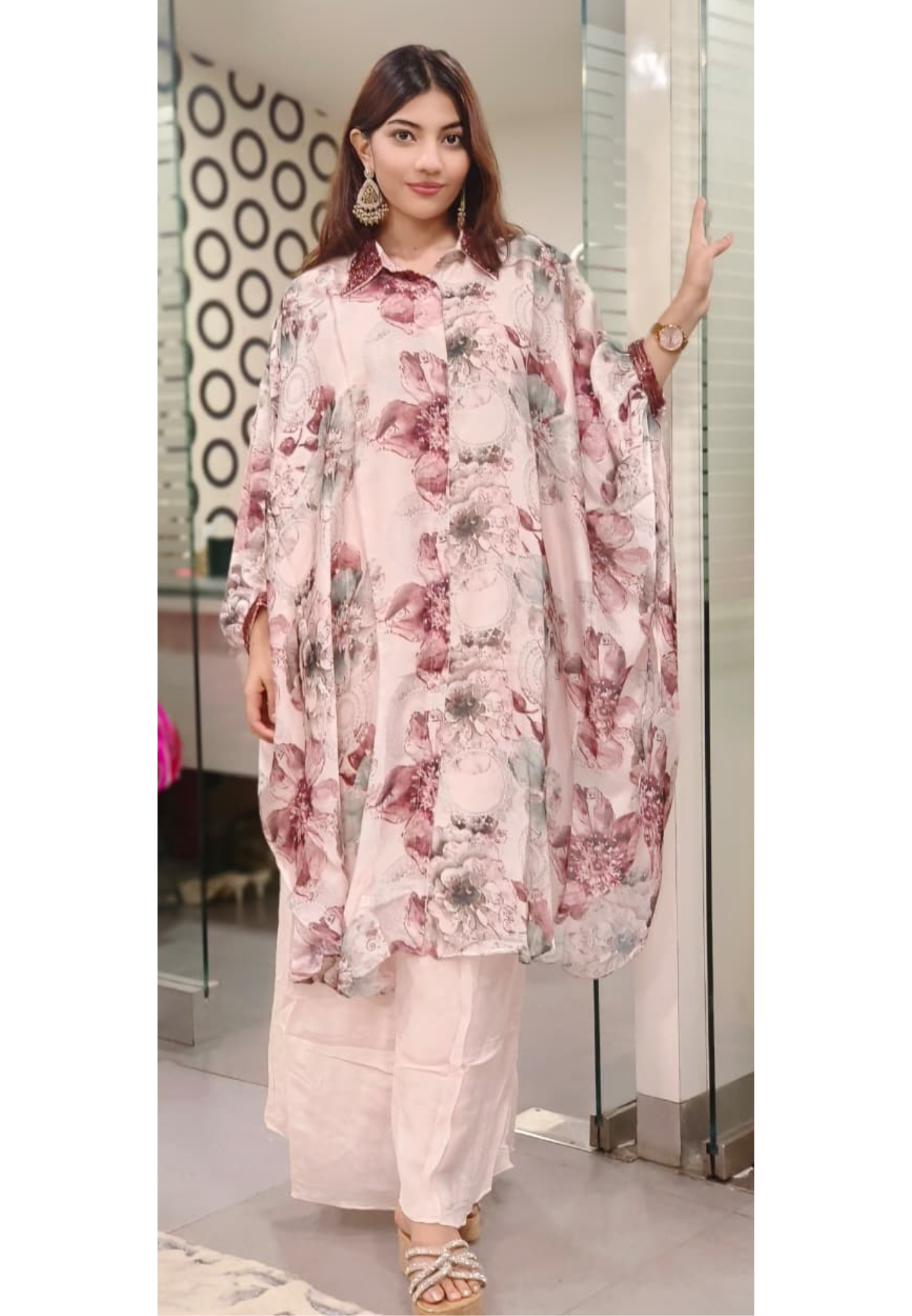 Pink Elegance Flowy Kaftan With Bottom In Crepe Fabric
