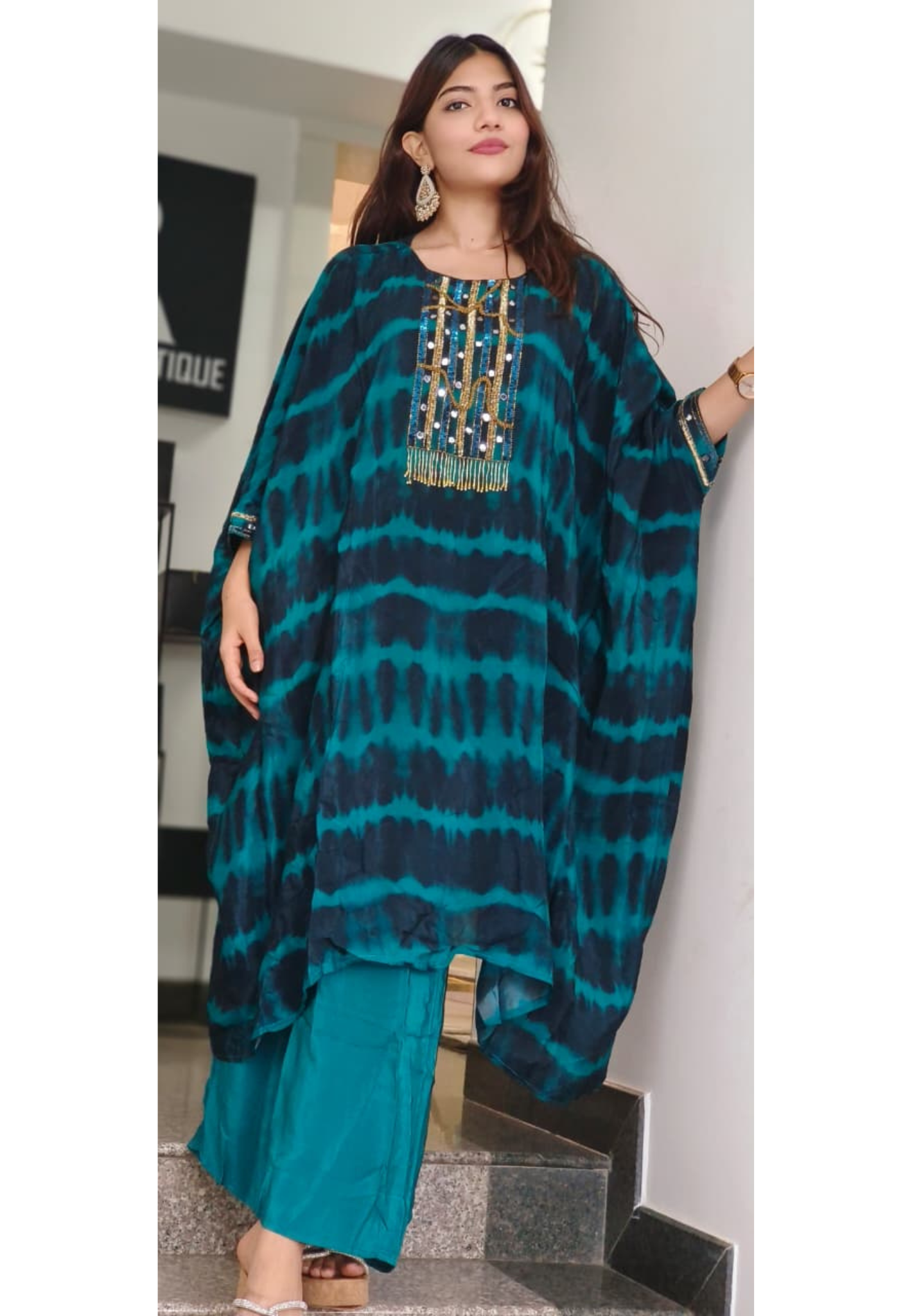Embroidered Printed Pure Crepe Kaftan With Bottom