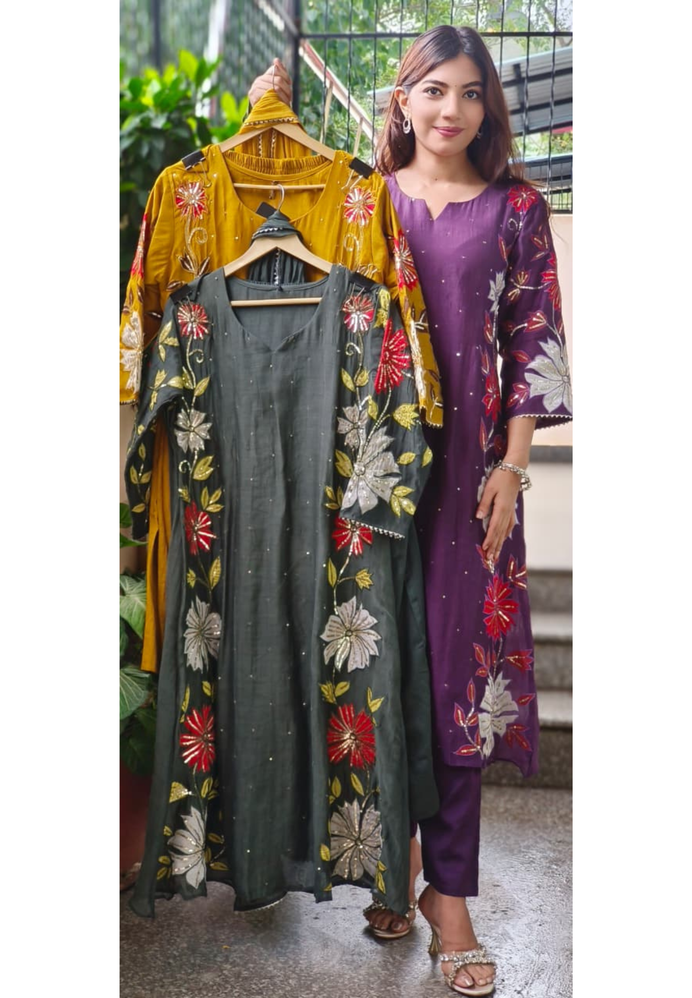 Applique Work Side Floral Embroidery Designed A-Line Mul Chanderi Full Suit Set With Dupatta