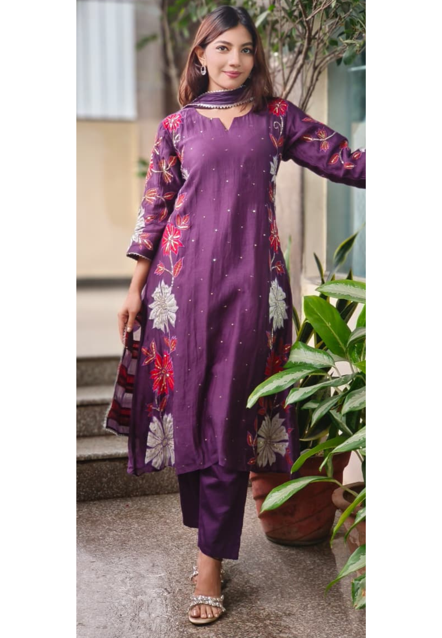 Applique Work Side Floral Embroidery Designed A-Line Mul Chanderi Full Suit Set With Dupatta