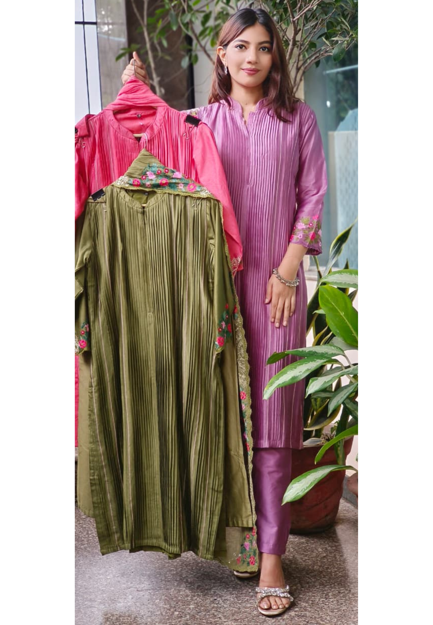 Petal Embroidered Lined Mandarin Collar Straight Full Suit Set With Dupatta In Pure Chanderi Fabric 107610 10762
