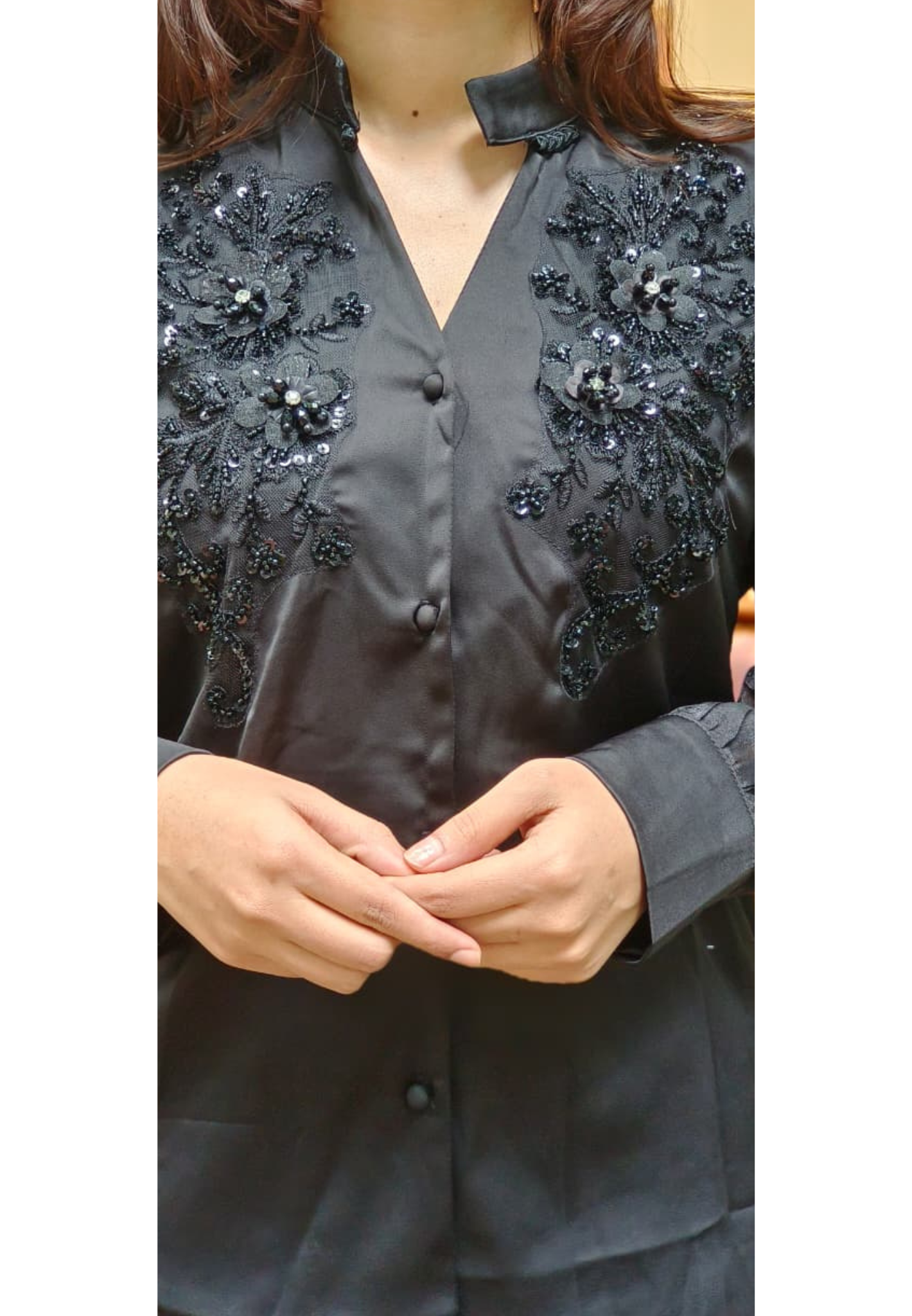 Popped Flower With Beads & Crystal Mandarin Collar Shirt