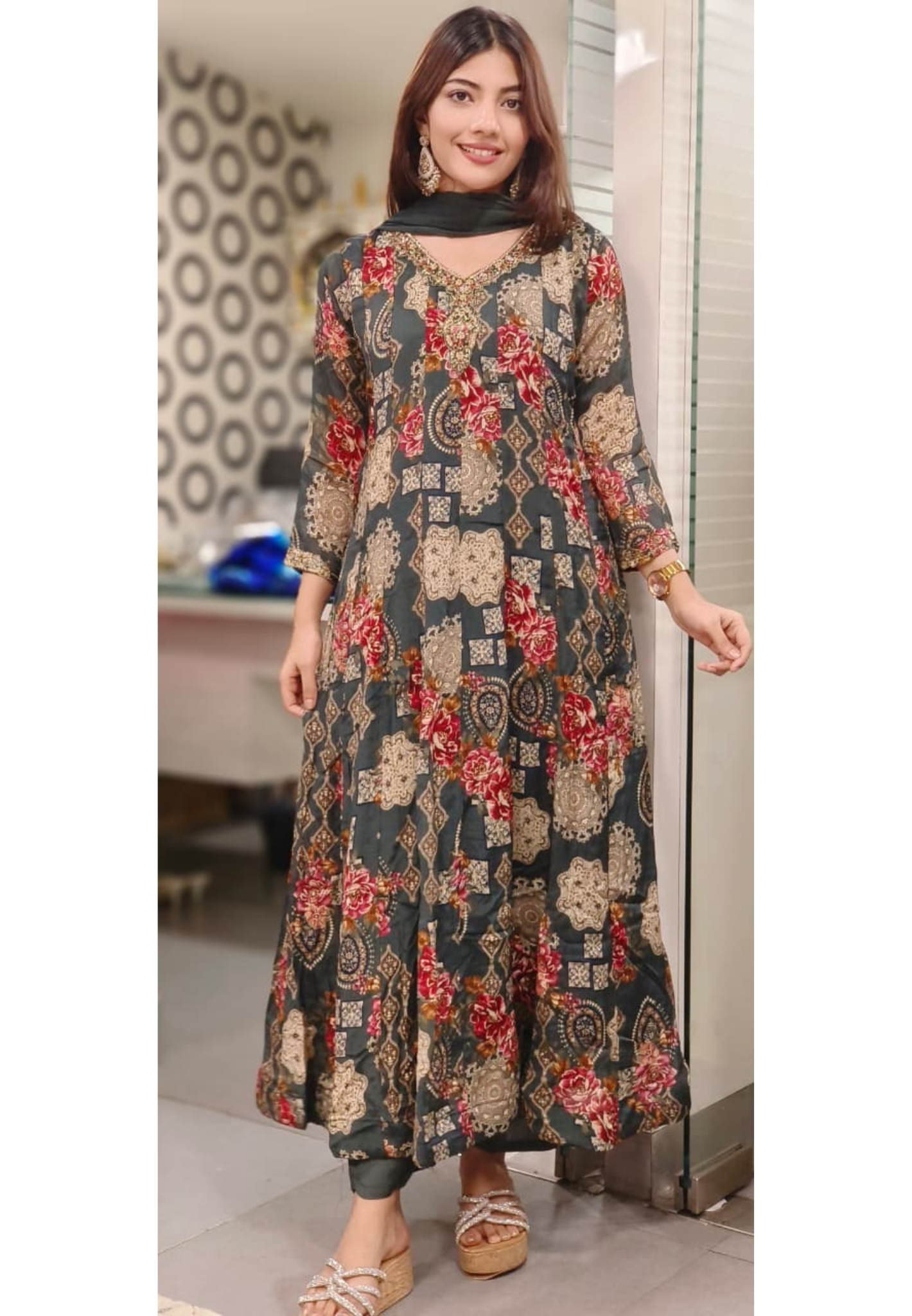 V-Neck Beads Work Floral Print Chinon Party Wear Anarkali Suit- 091154