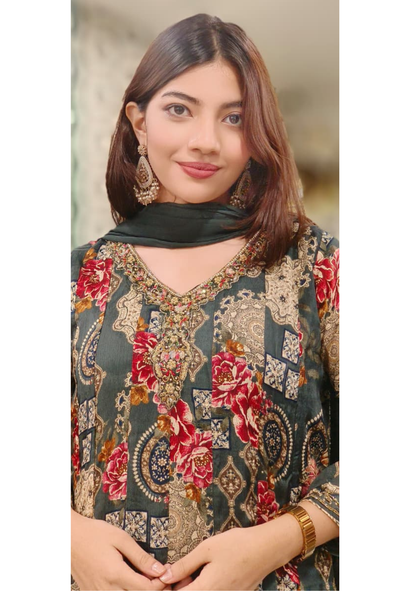 V-Neck Beads Work Floral Print Chinon Party Wear Anarkali Suit- 091154