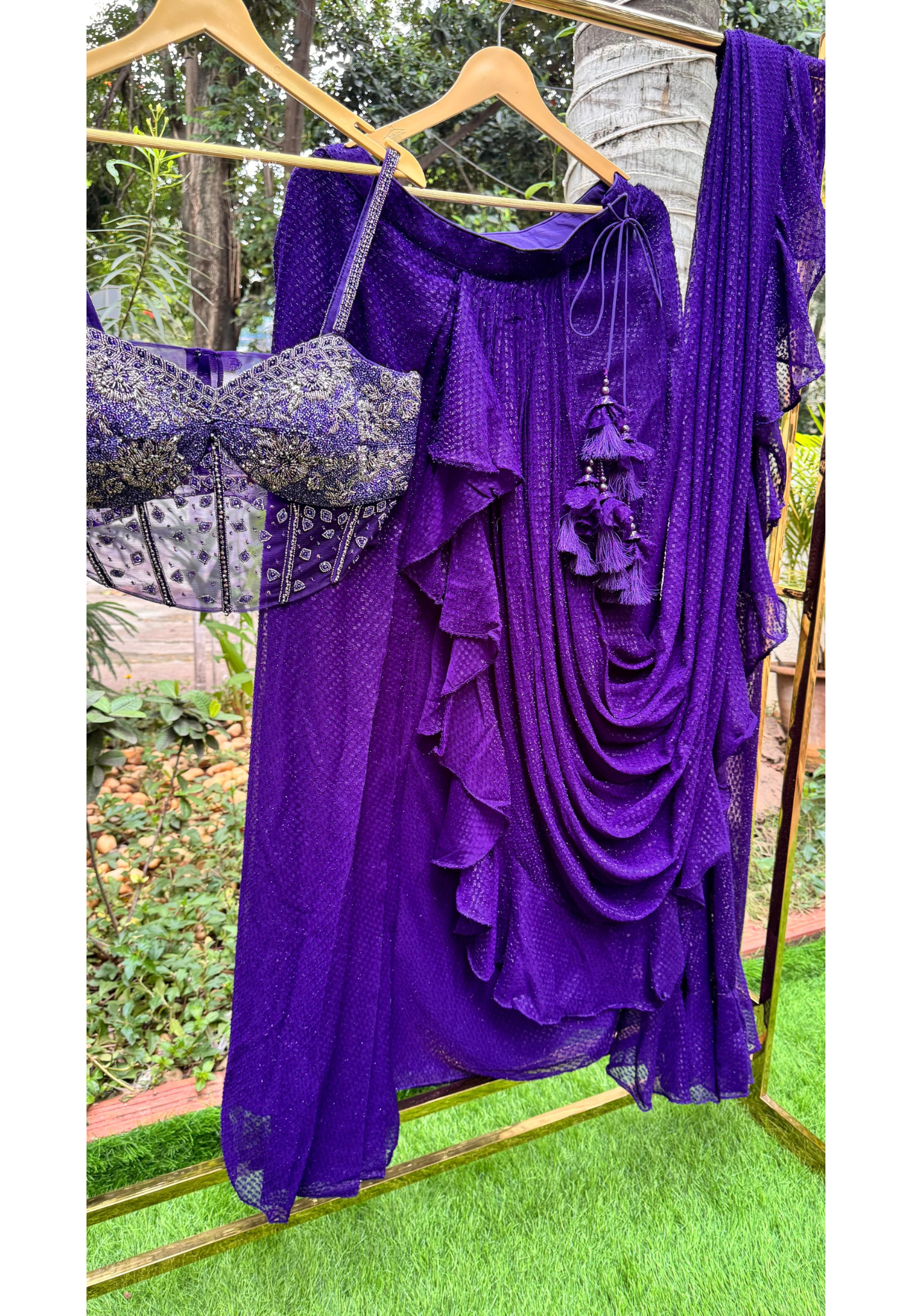 Tassel Charm Vibrant Ruffled Drape Saree With Designer Cut Dana Crystallex Blouse