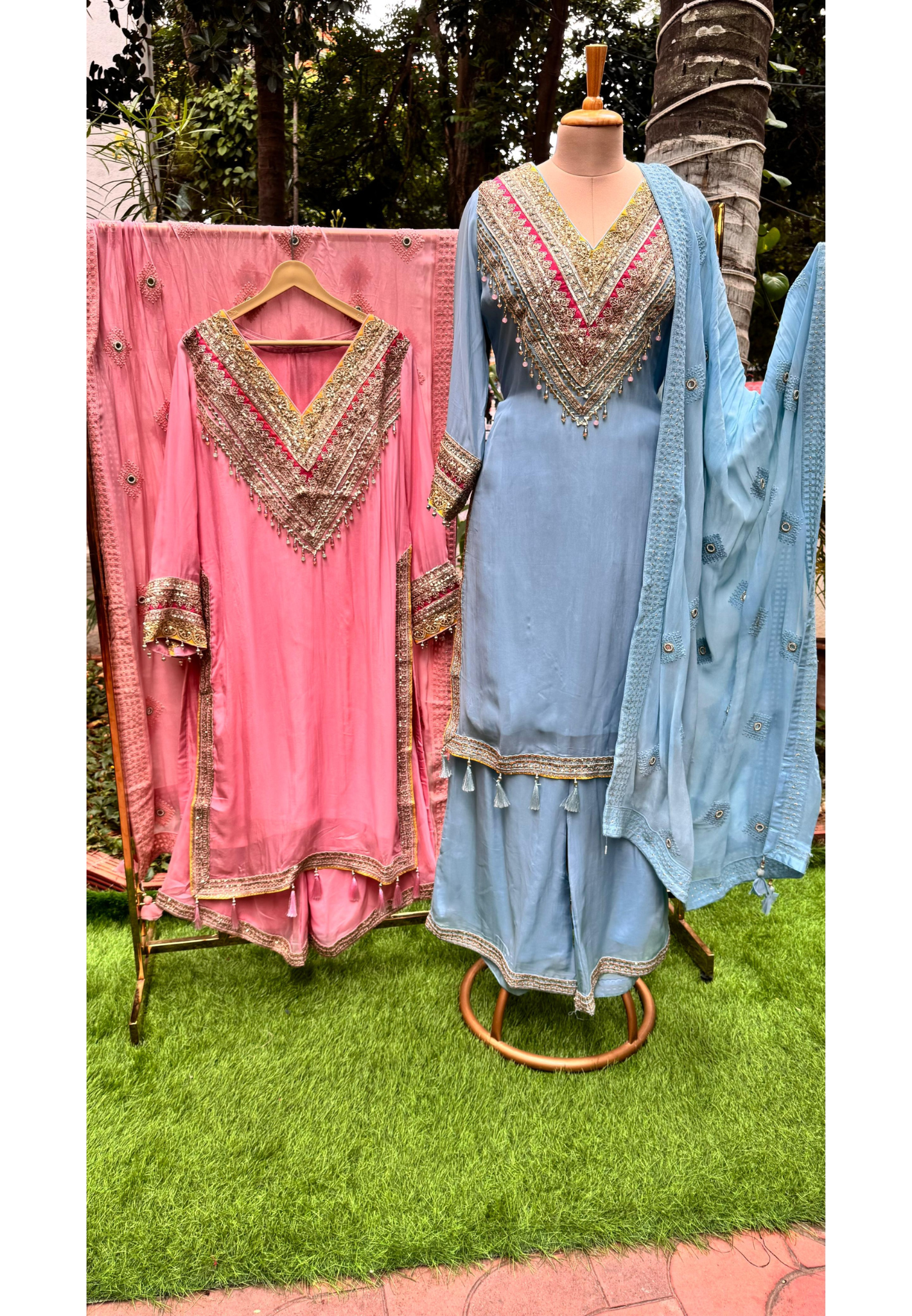 Sunehri Gul Heavily Embroidered Beautiful Yoke Full Suit Set With Dupatta & Loose Palazzo Bottom In Soft Tissue Fabric
