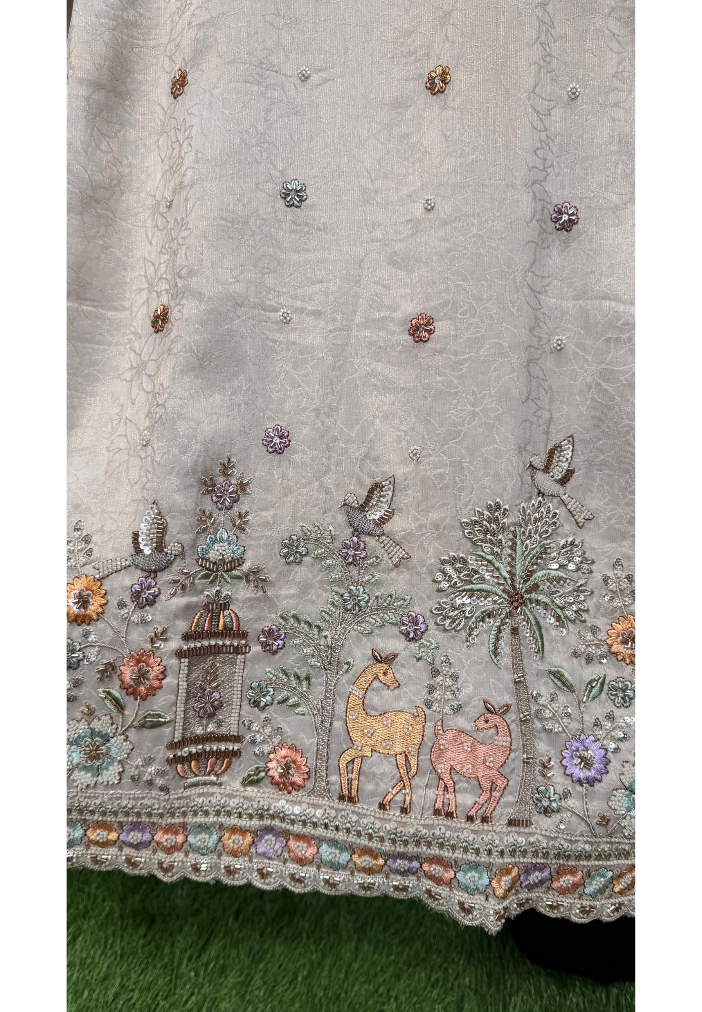 Ivory Meadow Garden & Figures Embroidered Handcrafted Full Suit Set With Dupatta In Tissue Fabric