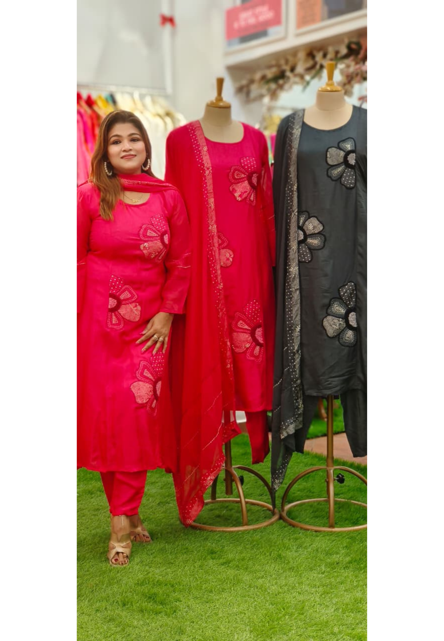 Floral Charm Minimal Suttle Work A-Line Full Suit Set With Dupatta In Dola Silk Fabric-10843,10842