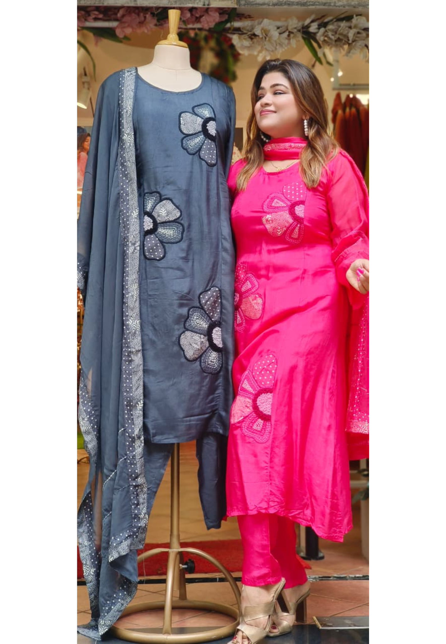 Floral Charm Minimal Suttle Work A-Line Full Suit Set With Dupatta In Dola Silk Fabric-10843,10842