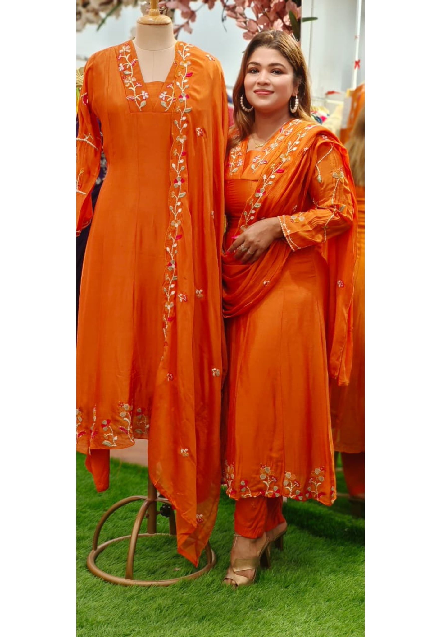 Minimal Handwork Sober Look Solid A-Line Full Suit Set With Dupatta In Chinon Fabric(Lean Fit)-10844