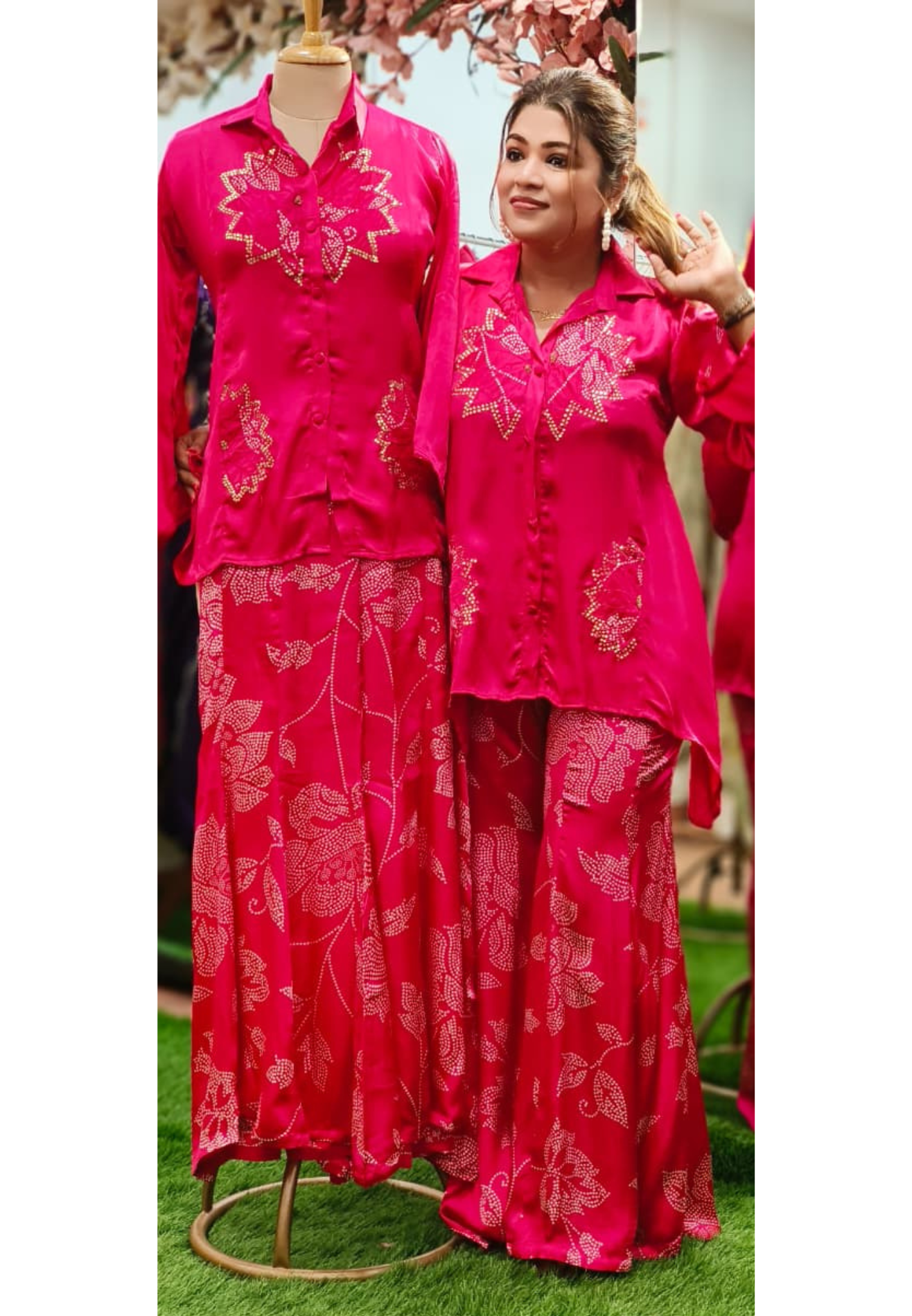 Zehra Pink Embellished Co-ord With Collared High-Low Kurta & Tapered Palazzo Bottom In Gajji Silk Fabric-10839